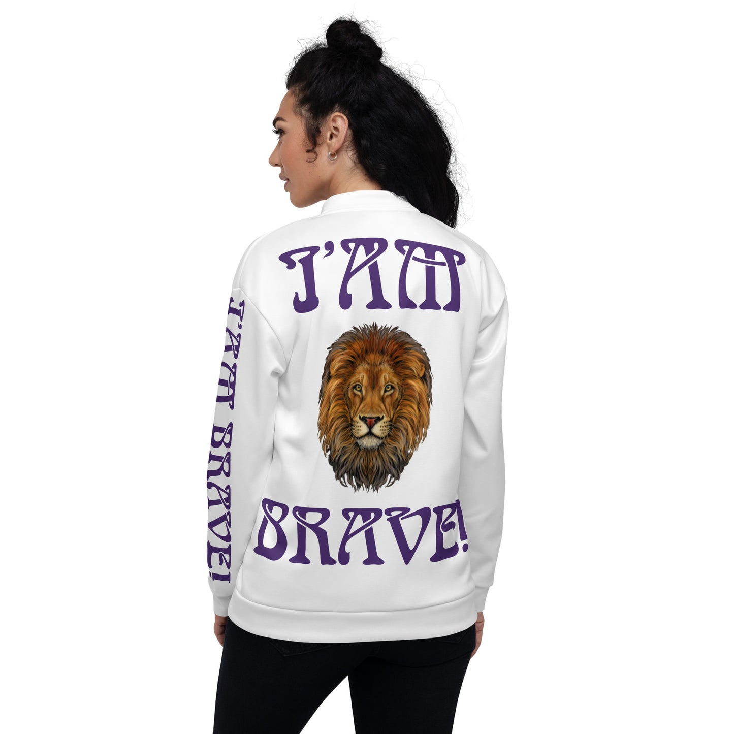 “IAM BRAVE!"White Unisex Bomber Jacket W/Purple Font