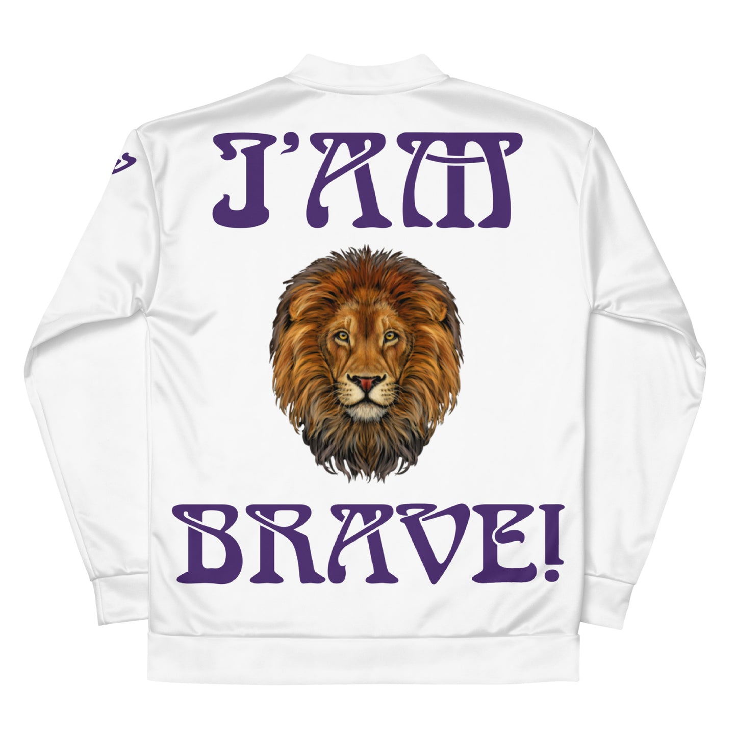 “IAM BRAVE!"White Unisex Bomber Jacket W/Purple Font