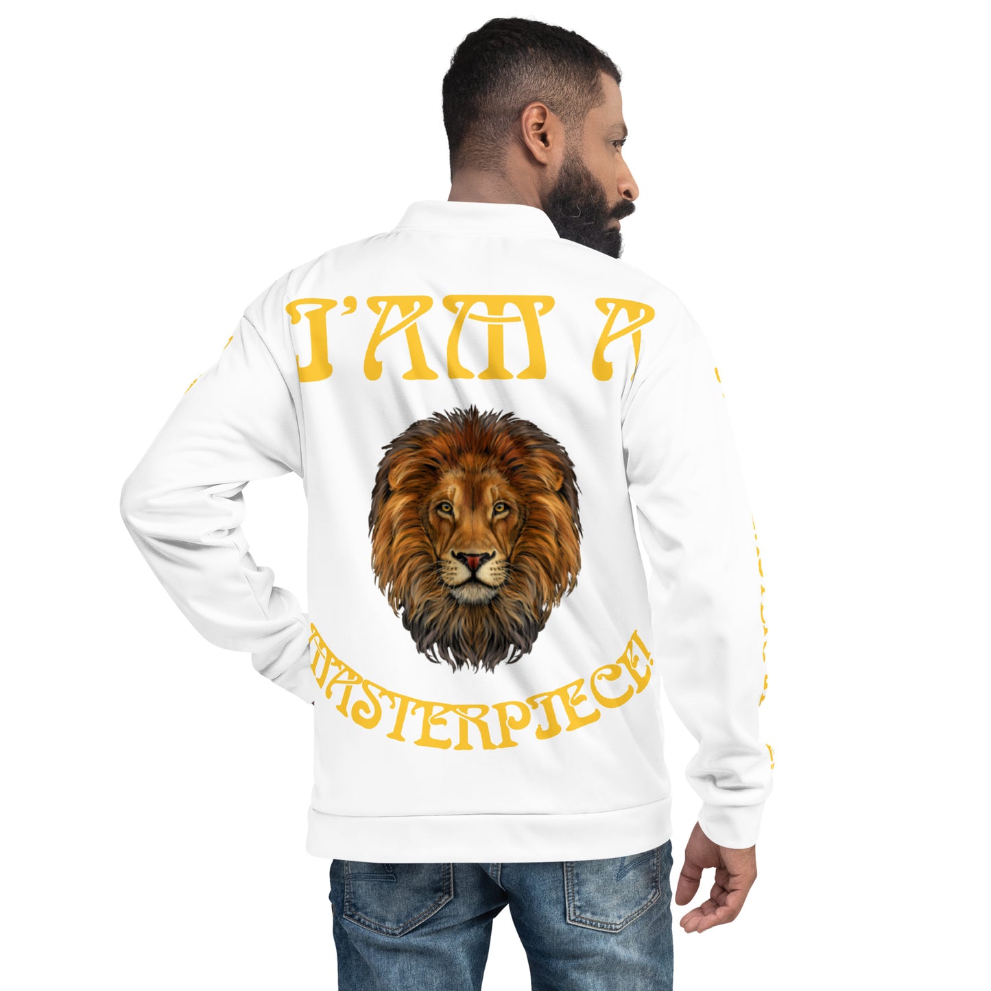 “IAM A MASTERPIECE!”White Unisex Bomber Jacket W/Yellow Font