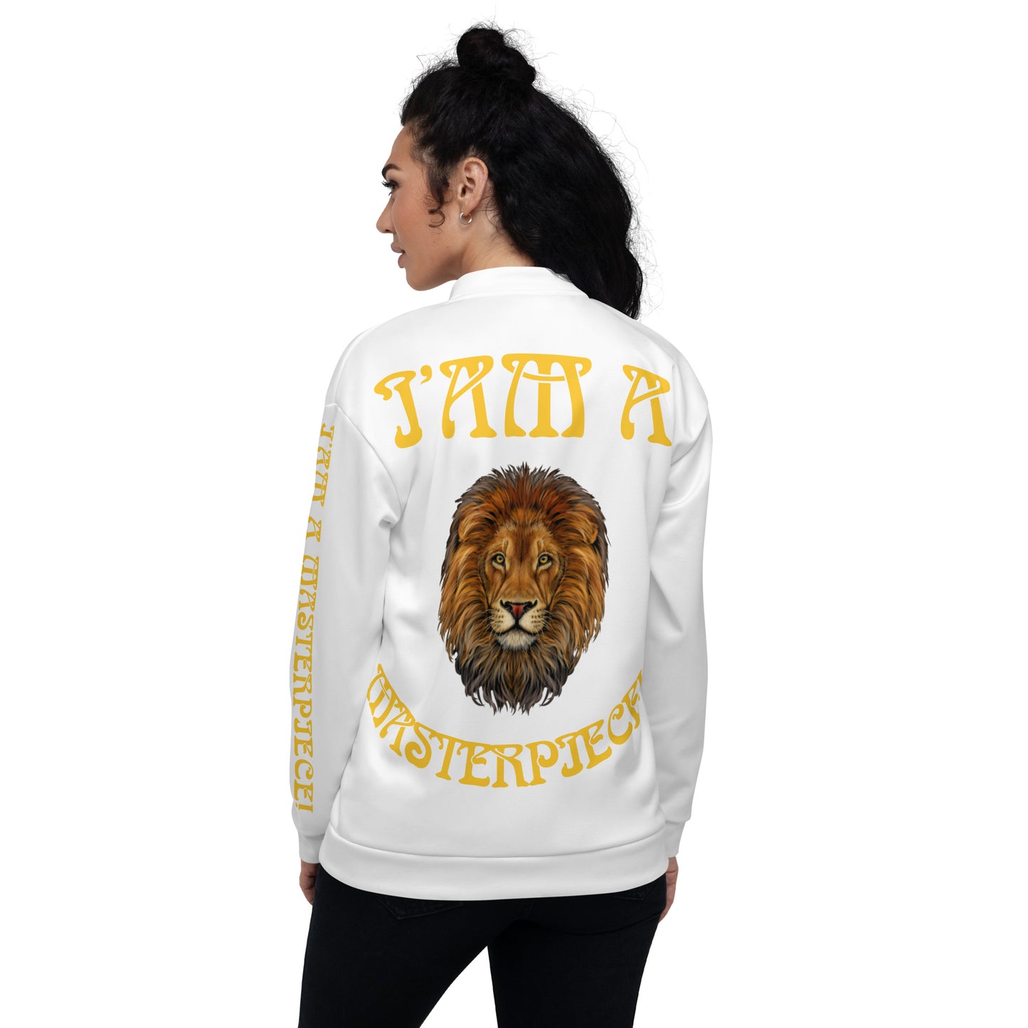 “IAM A MASTERPIECE!”White Unisex Bomber Jacket W/Yellow Font