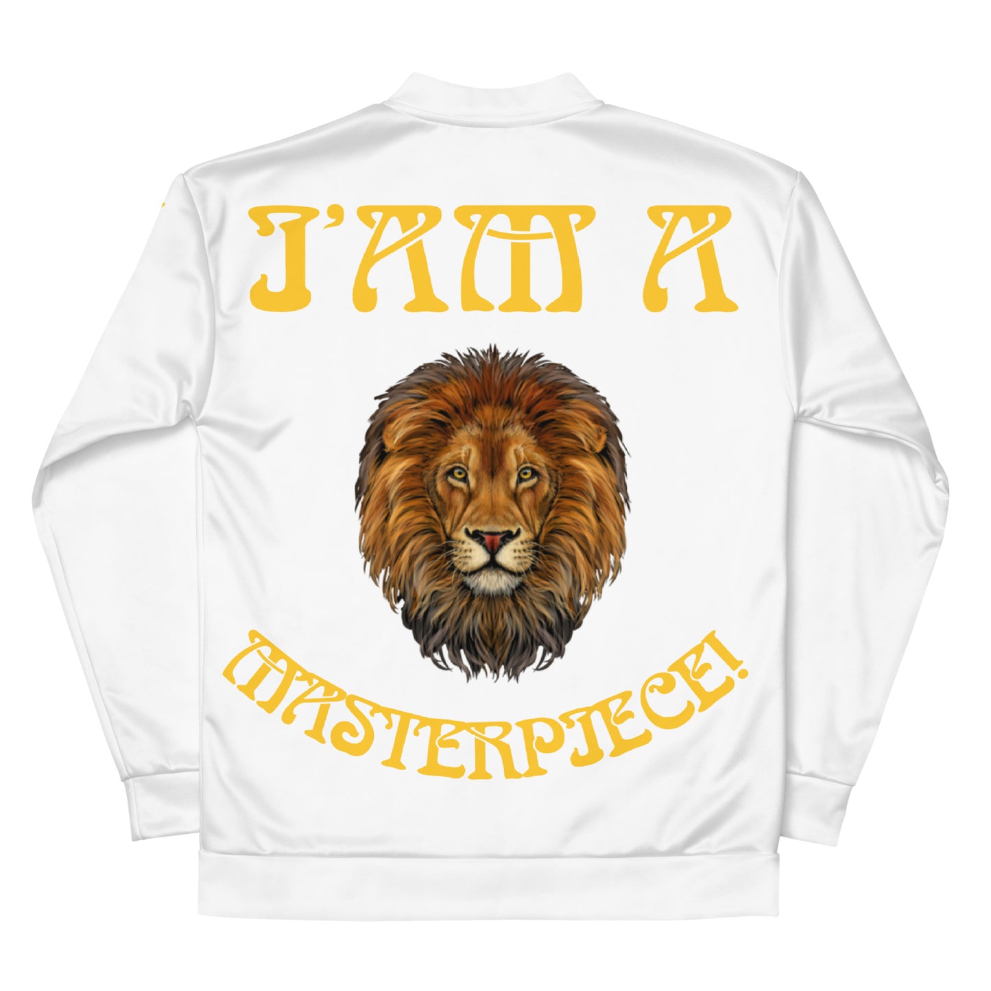 “IAM A MASTERPIECE!”White Unisex Bomber Jacket W/Yellow Font