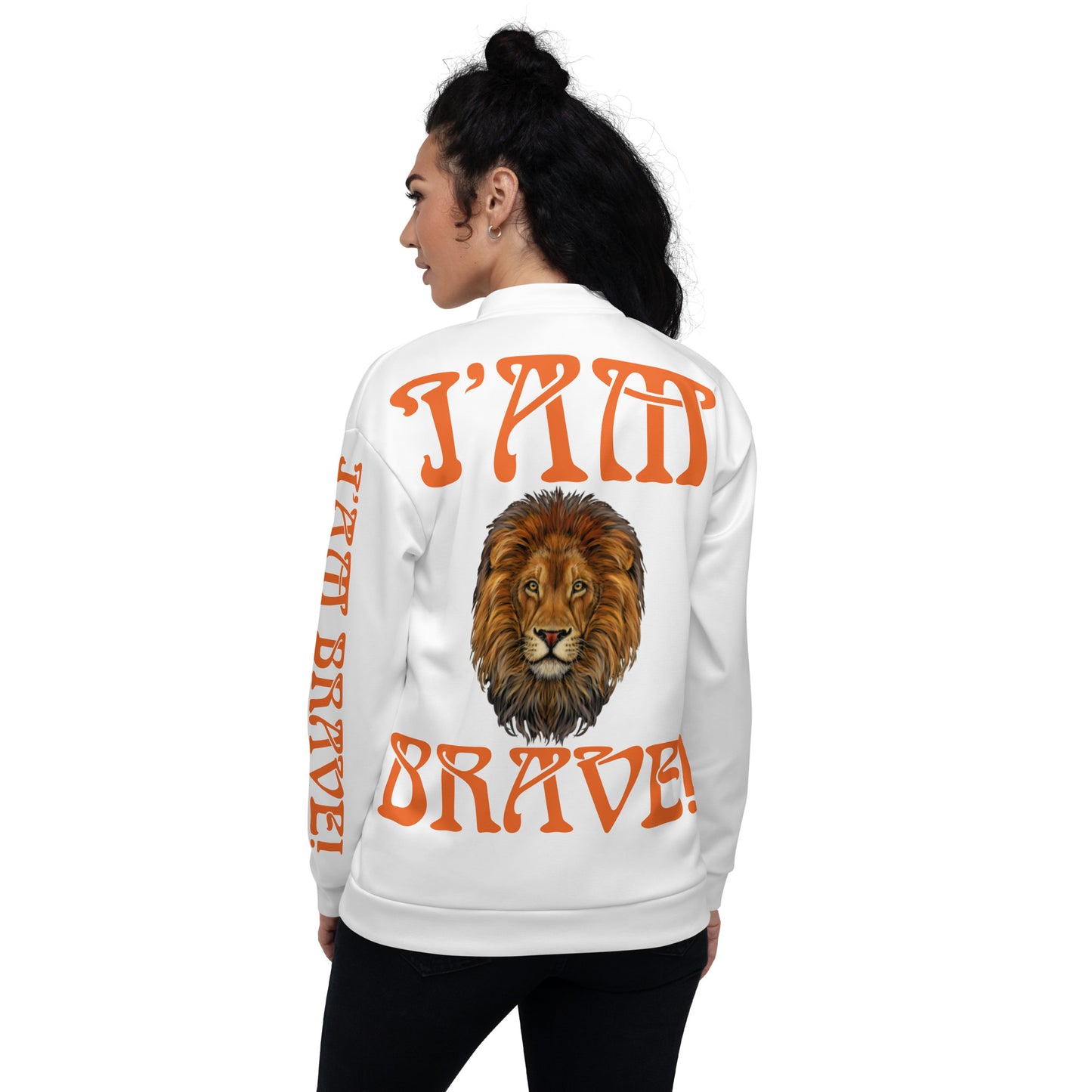 “IAM BRAVE!"White Unisex Bomber Jacket W/Orange Font