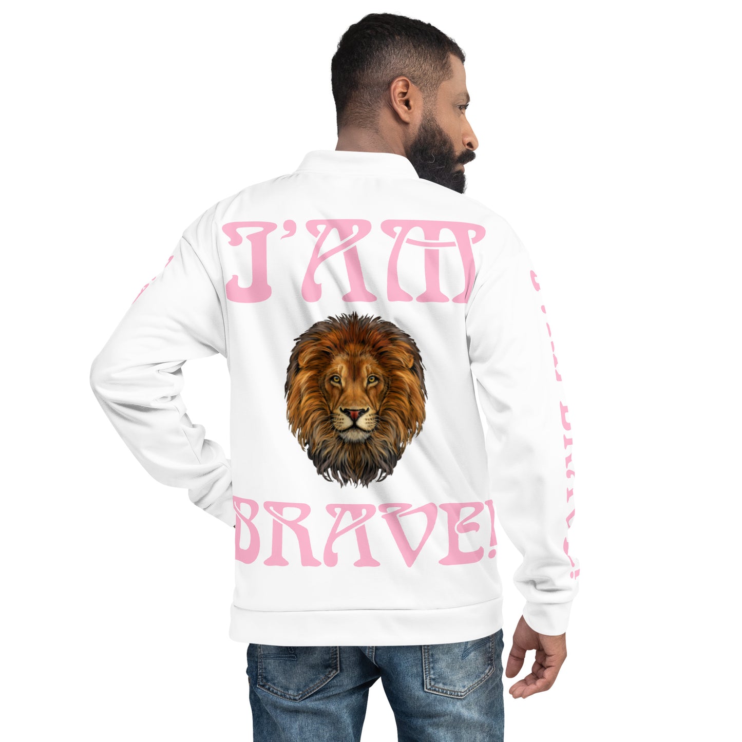 “IAM BRAVE!”White Unisex Bomber Jacket W/Cotton Candy Font