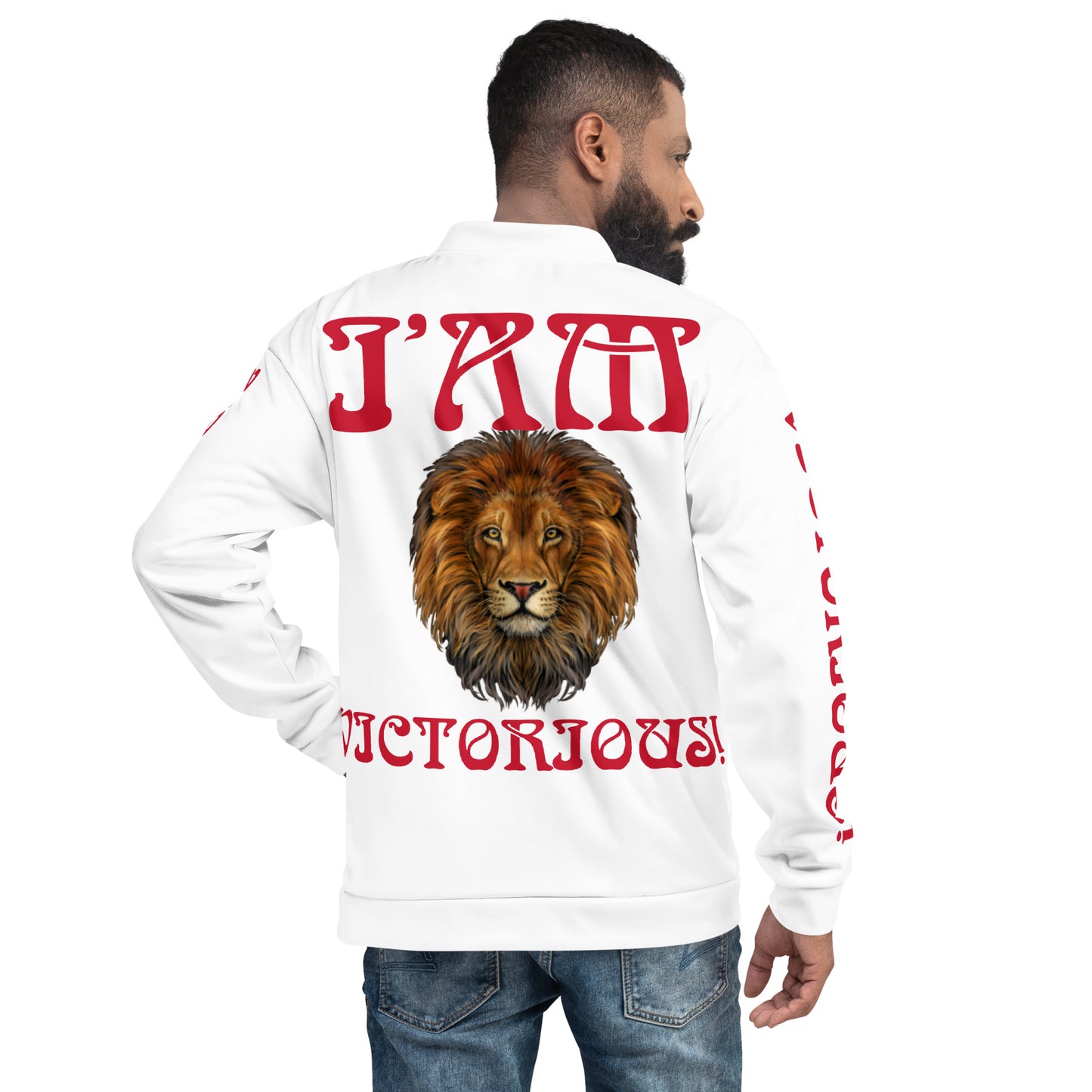 “I’AM VICTORIOUS!”White Unisex Bomber Jacket W/Red Font