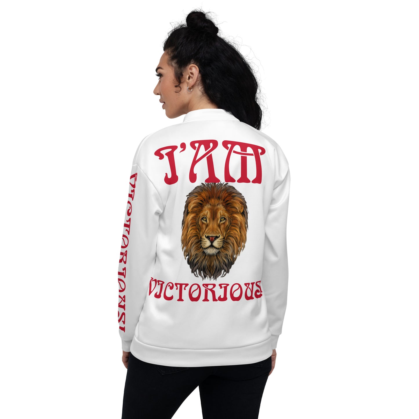 “I’AM VICTORIOUS!”White Unisex Bomber Jacket W/Red Font