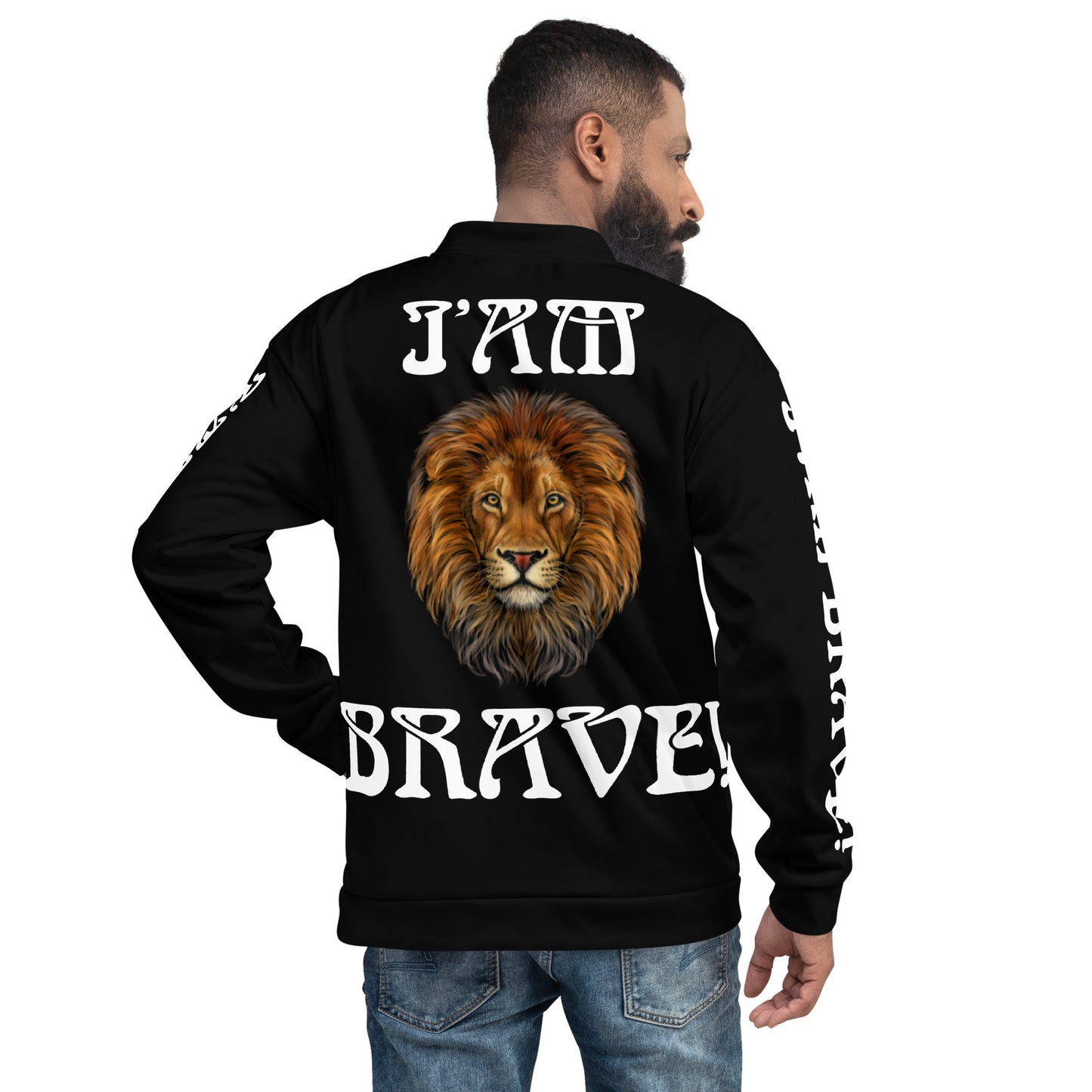 “IAM BRAVE!"Black Unisex Bomber Jacket W/White Font