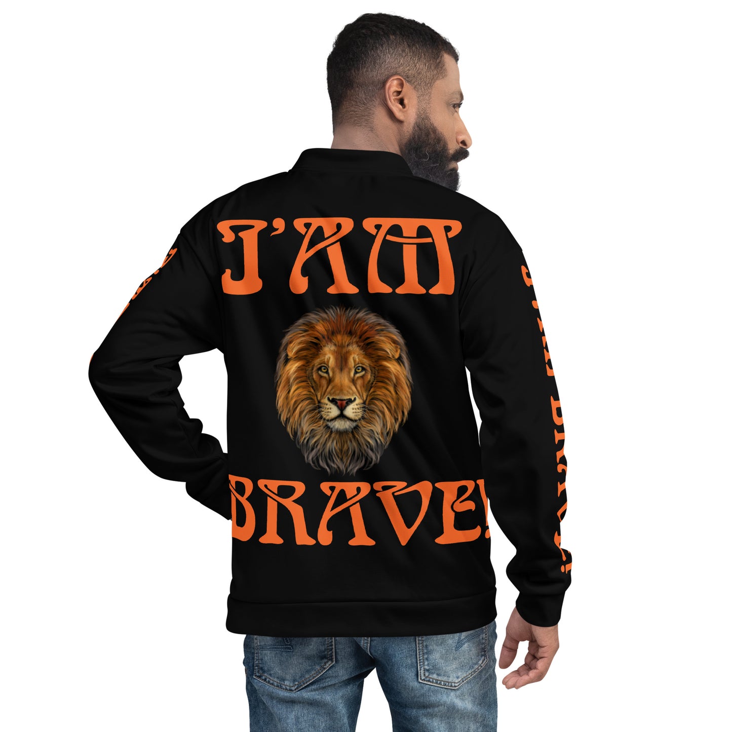 “IAM BRAVE!"Black Unisex Bomber Jacket W/Orange Font