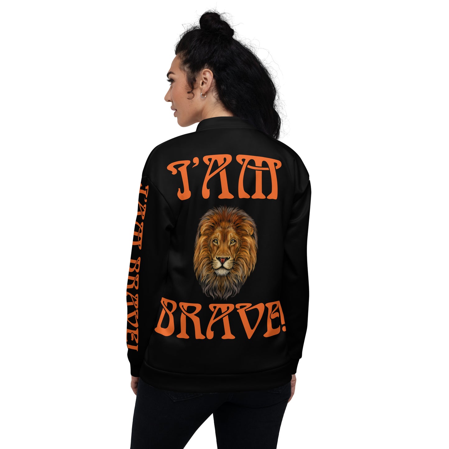 “IAM BRAVE!"Black Unisex Bomber Jacket W/Orange Font