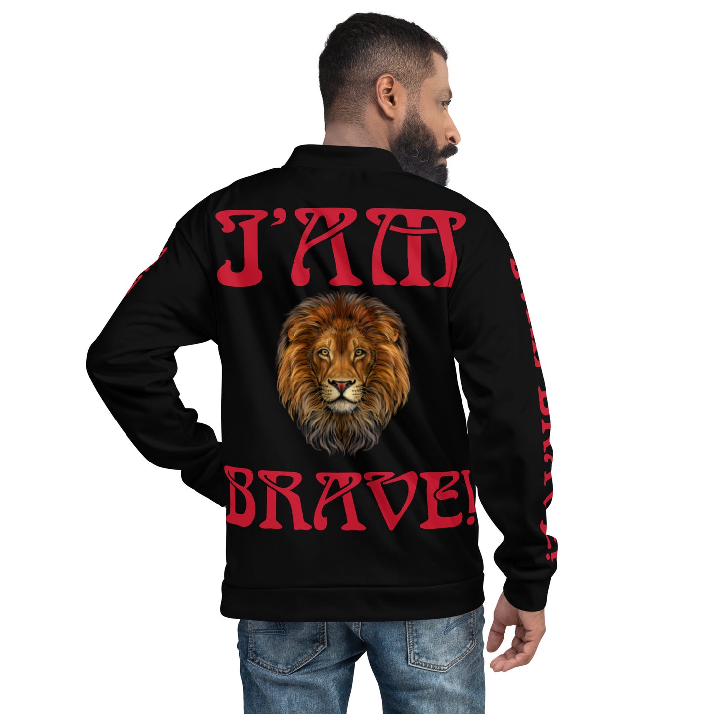 “IAM BRAVE!"Black Unisex Bomber Jacket W/Red Font