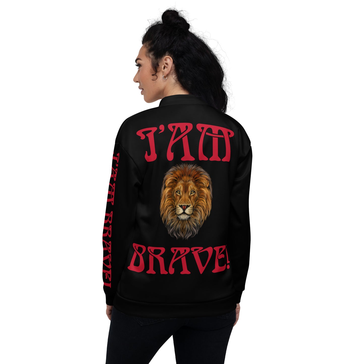 “IAM BRAVE!"Black Unisex Bomber Jacket W/Red Font