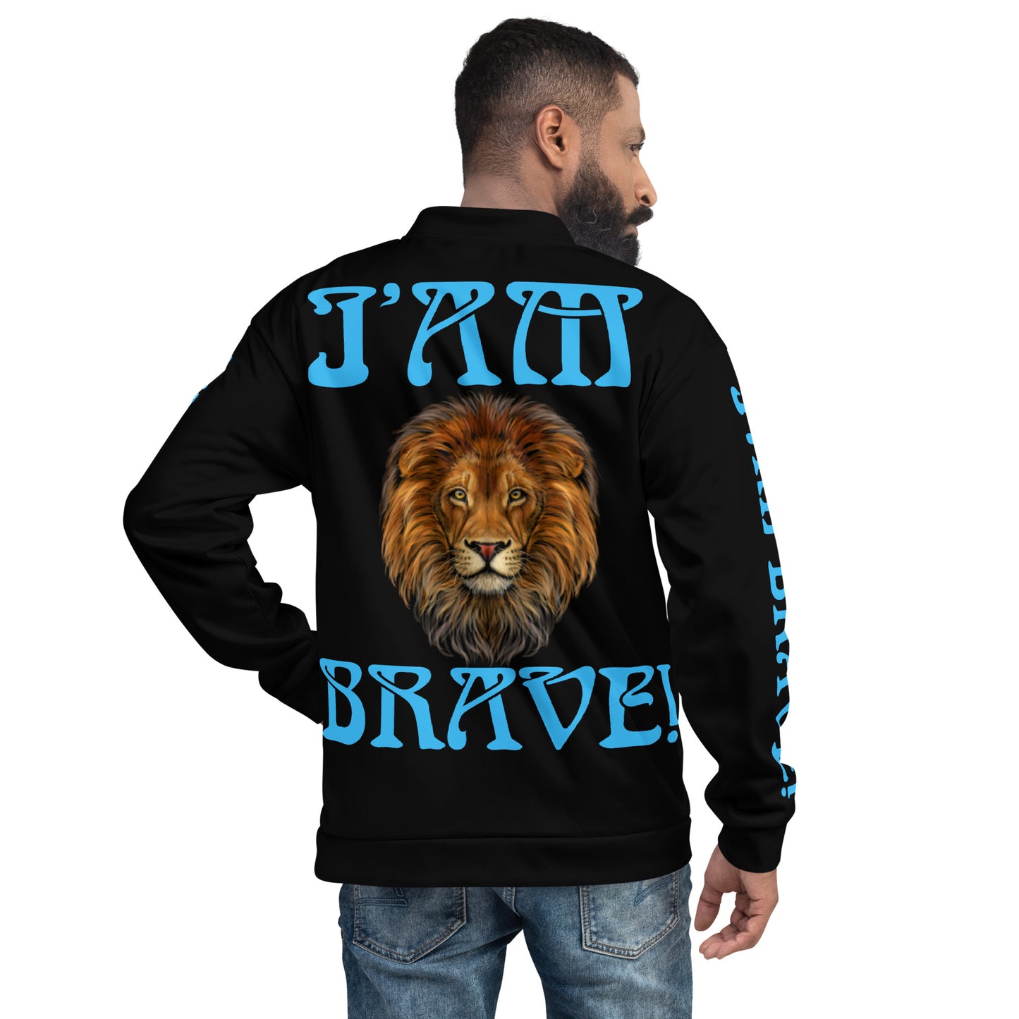 “IAM BRAVE!"Black Unisex Bomber Jacket W/SkyBlue Font