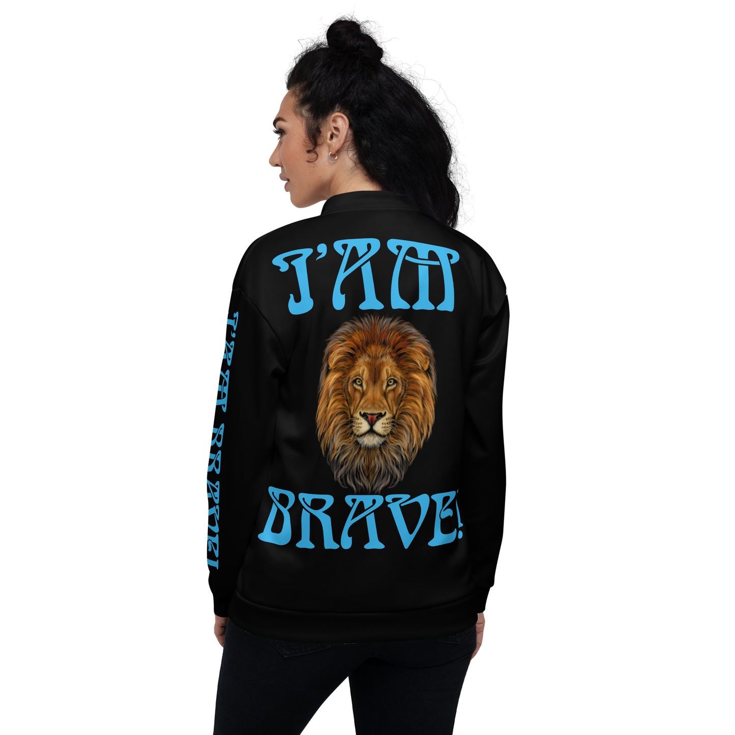 “IAM BRAVE!"Black Unisex Bomber Jacket W/SkyBlue Font
