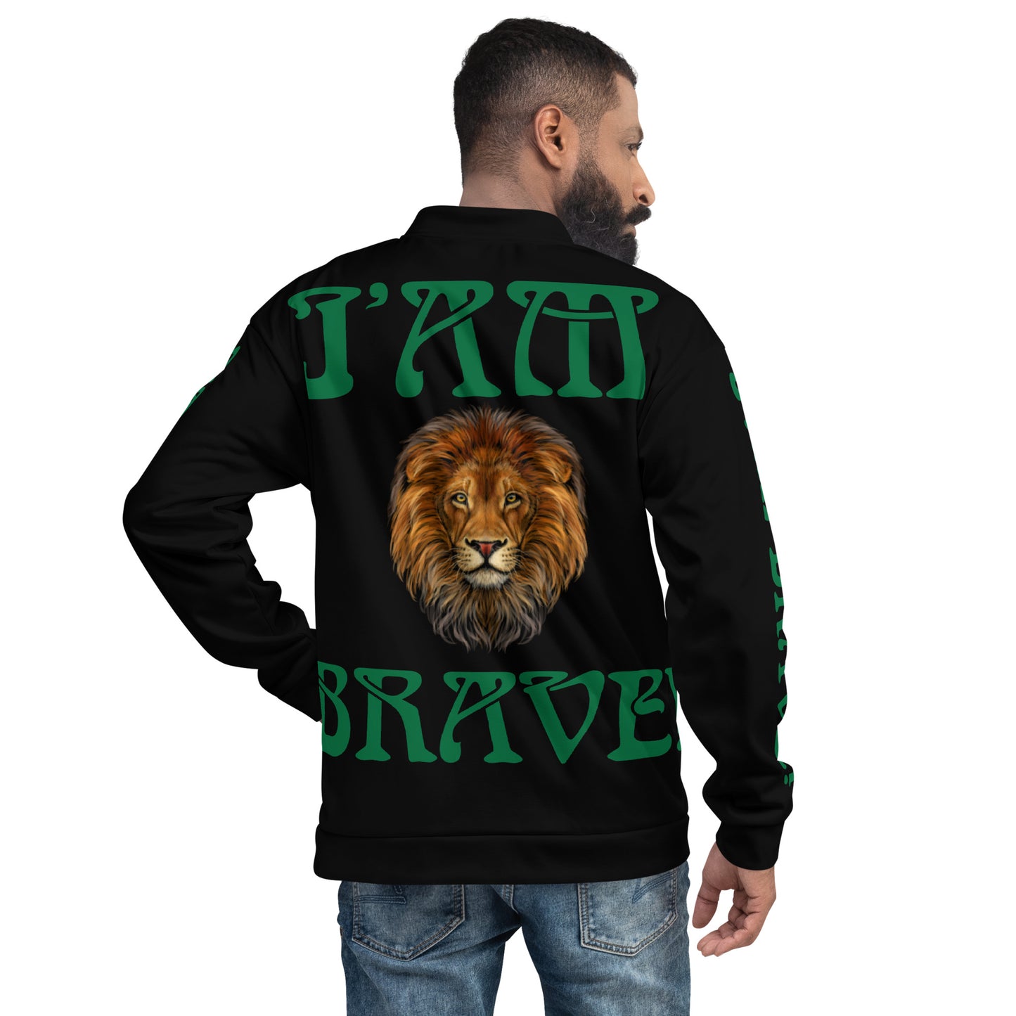 “IAM BRAVE!"Black Unisex Bomber Jacket W/Green Font