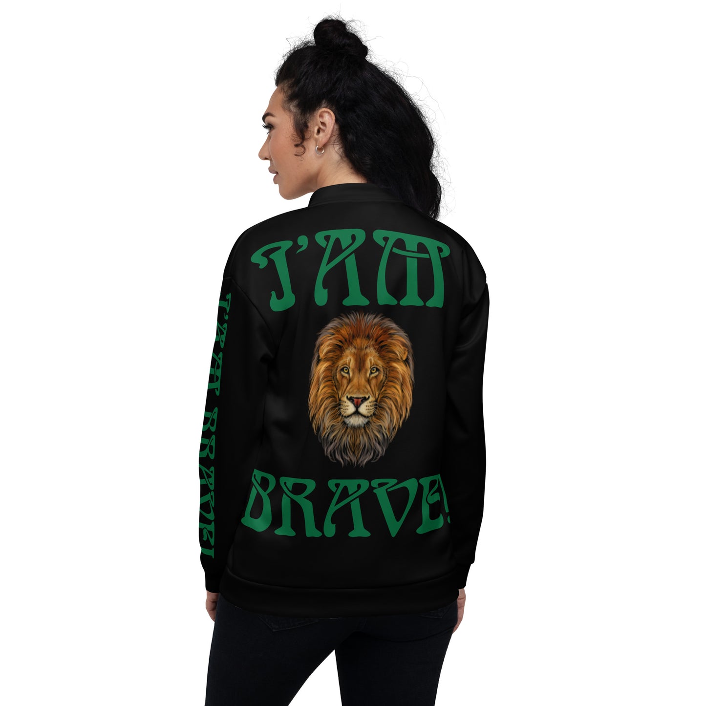“IAM BRAVE!"Black Unisex Bomber Jacket W/Green Font