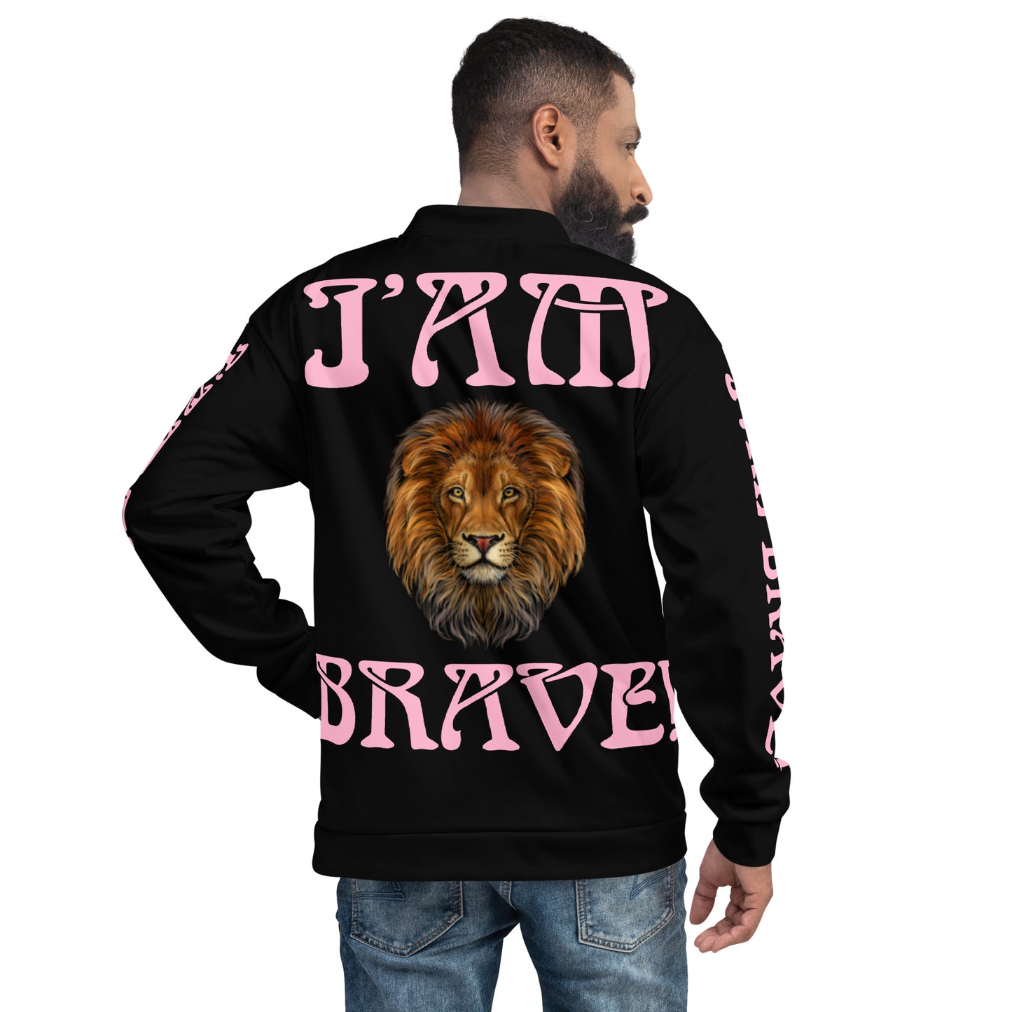 “IAM BRAVE!"Black Unisex Bomber Jacket W/Cotton Candy Font