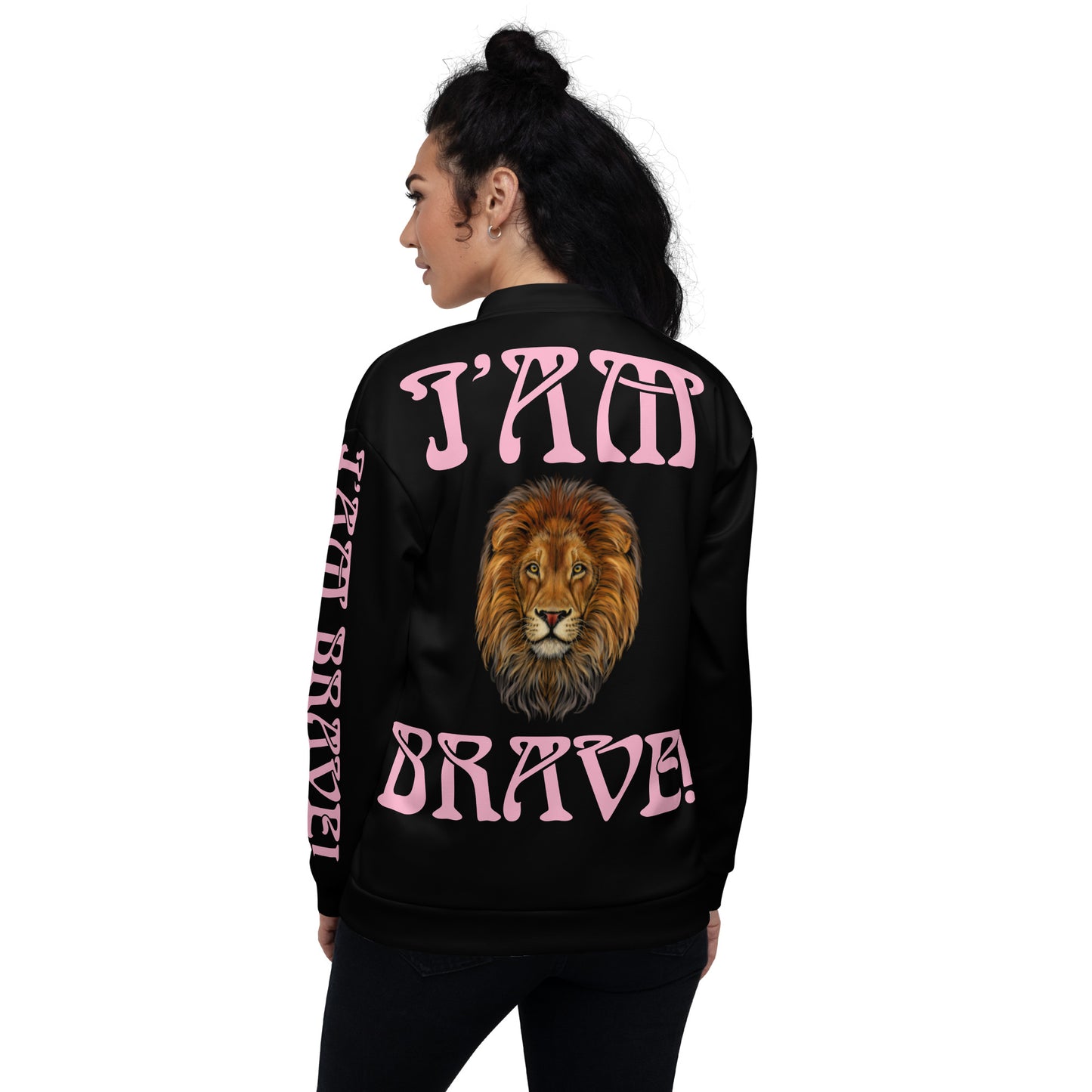 “IAM BRAVE!"Black Unisex Bomber Jacket W/Cotton Candy Font