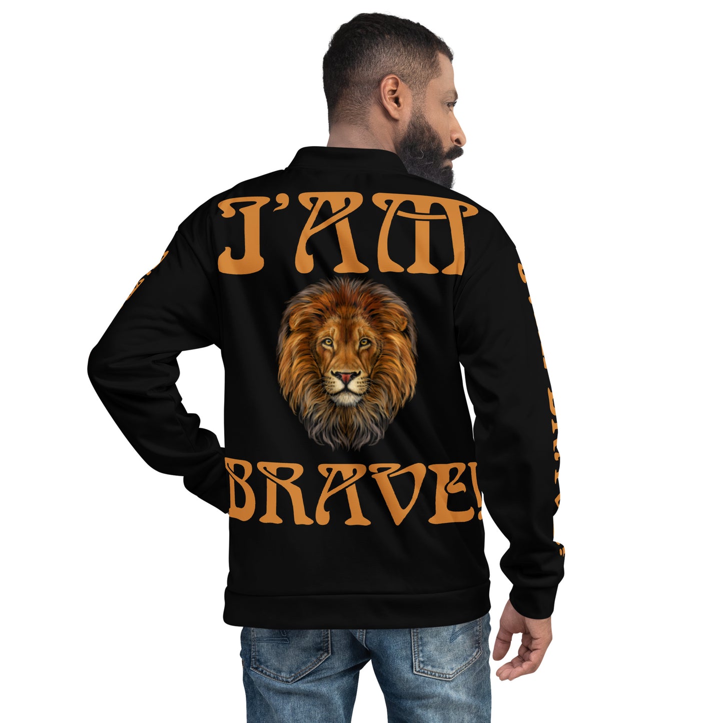 “IAM BRAVE!"Black Unisex Bomber Jacket W/Bronze Font
