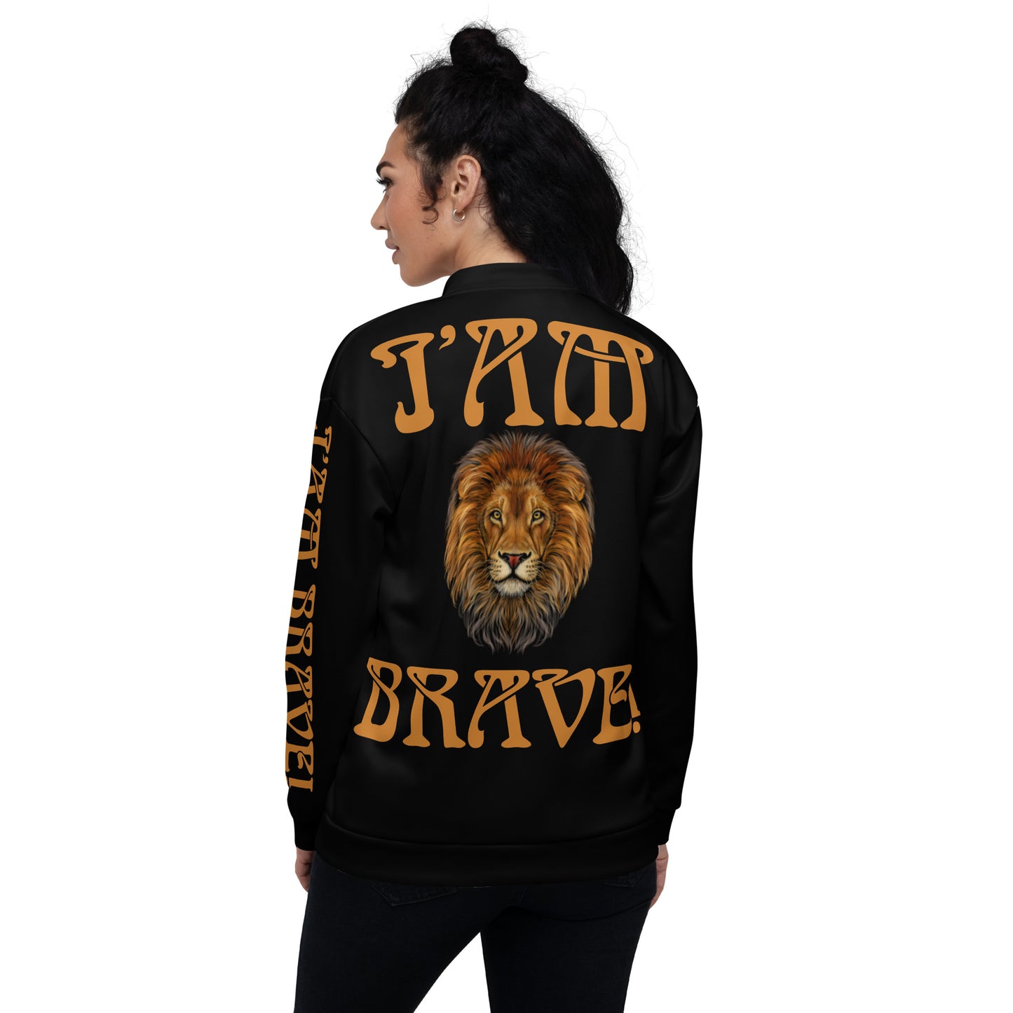 “IAM BRAVE!"Black Unisex Bomber Jacket W/Bronze Font