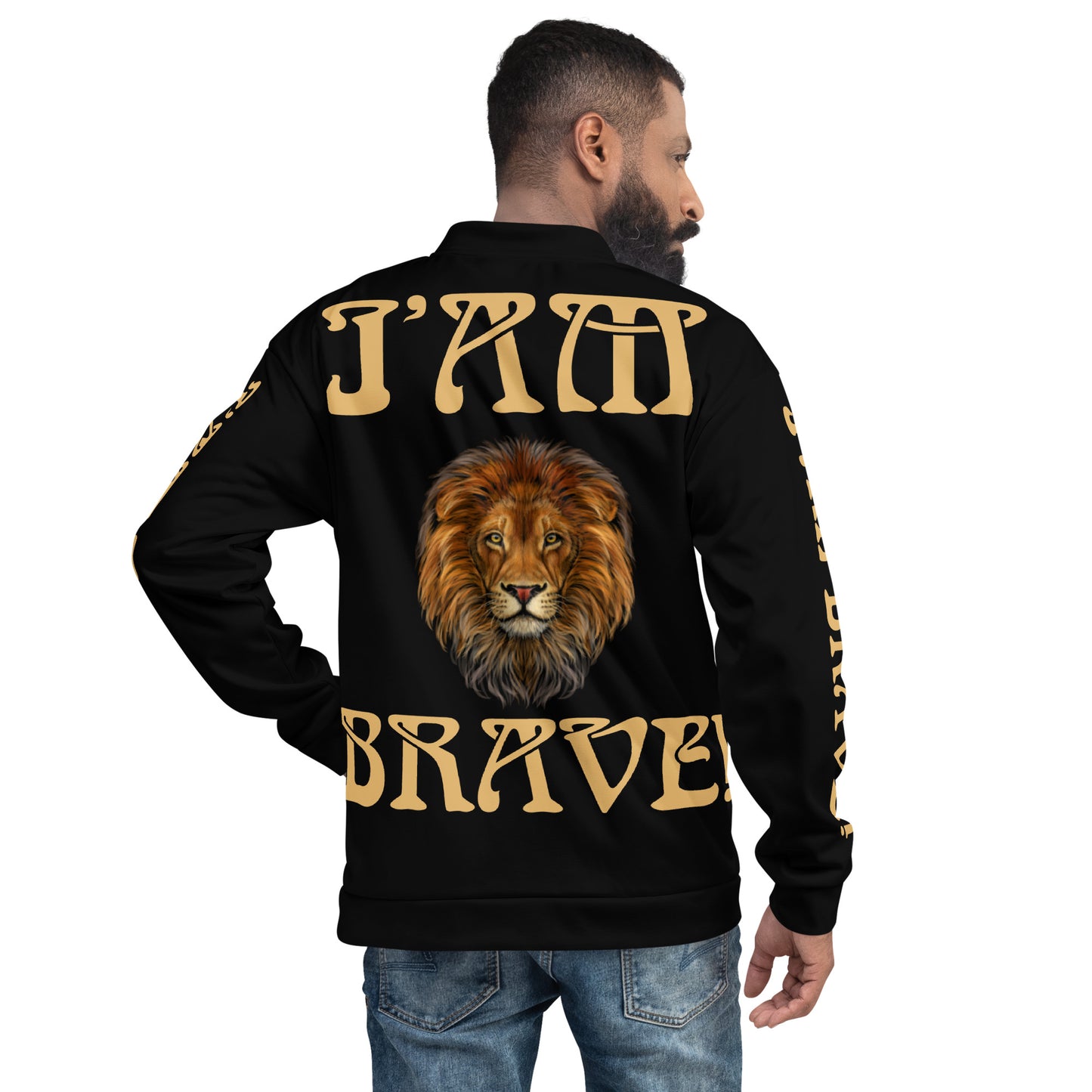 “IAM BRAVE!"Black Unisex Bomber Jacket W/Fawn Font