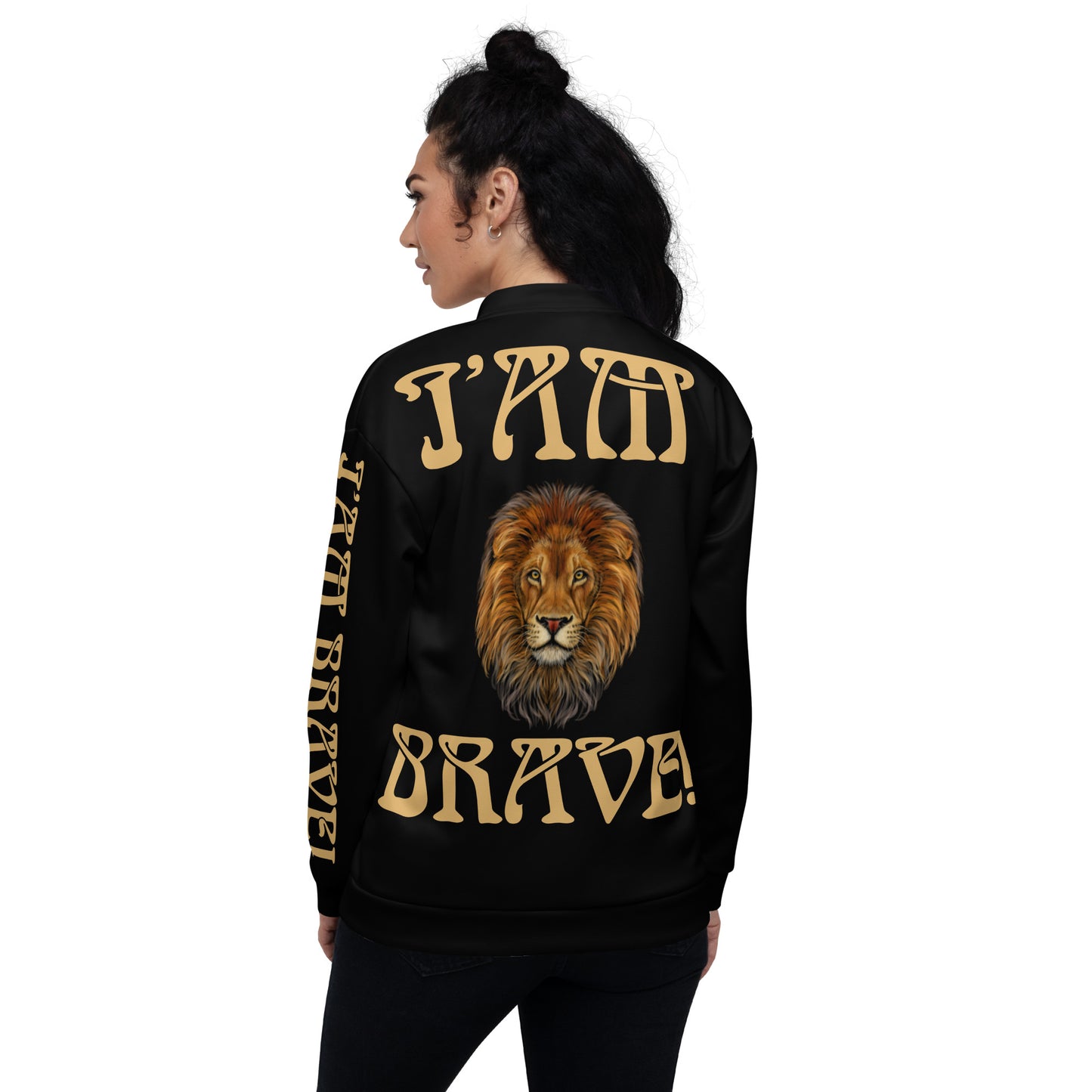 “IAM BRAVE!"Black Unisex Bomber Jacket W/Fawn Font