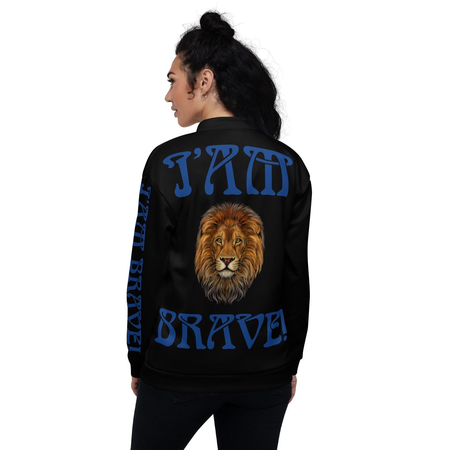 “IAM BRAVE!"Black Unisex Bomber Jacket W/Blue Font