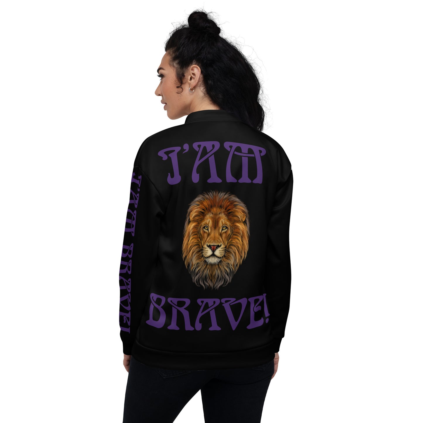 “IAM BRAVE!"Black Unisex Bomber Jacket W/Purple Font