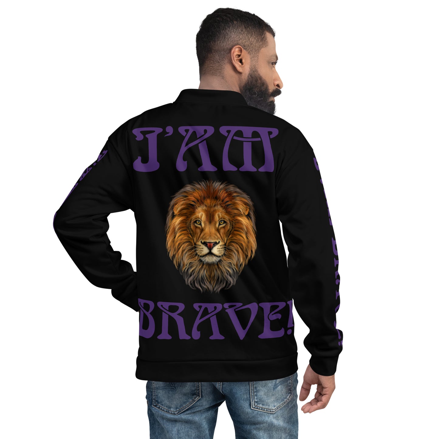 “IAM BRAVE!"Black Unisex Bomber Jacket W/Purple Font