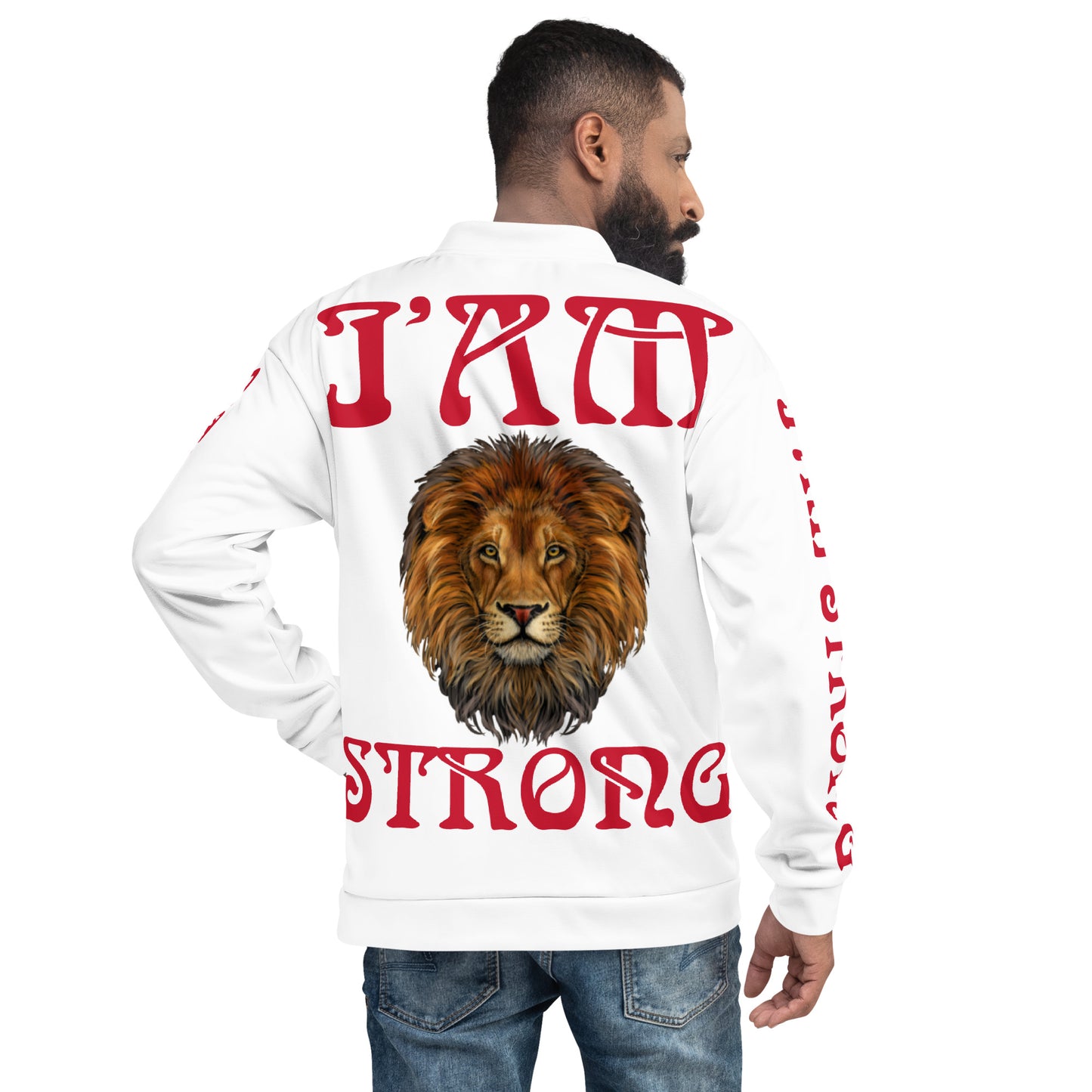 ‘I’AM STRONG!”White Unisex Bomber Jacket W/Red Font
