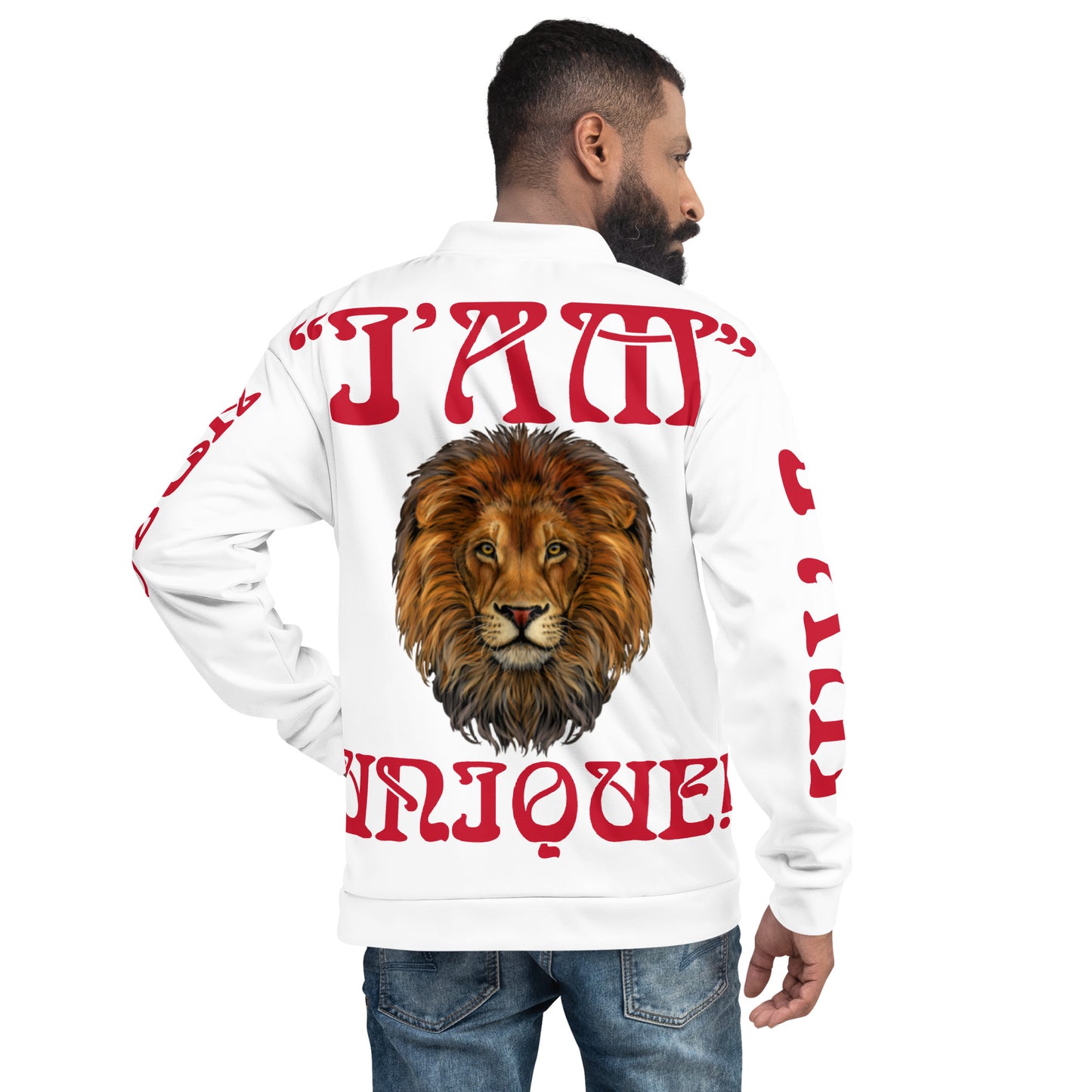 “I’AM UNIQUE!”White Unisex Bomber Jacket W/Red Font