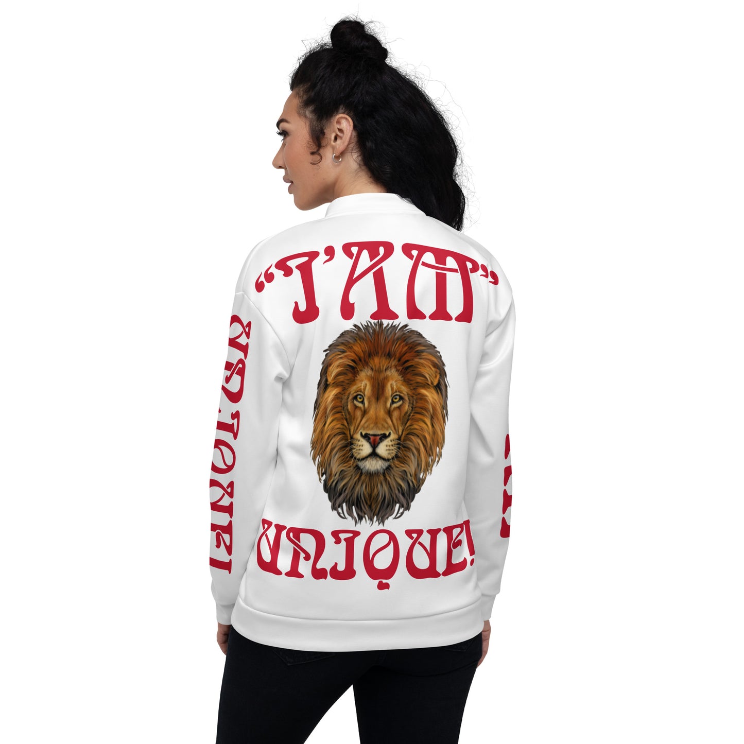 “I’AM UNIQUE!”White Unisex Bomber Jacket W/Red Font