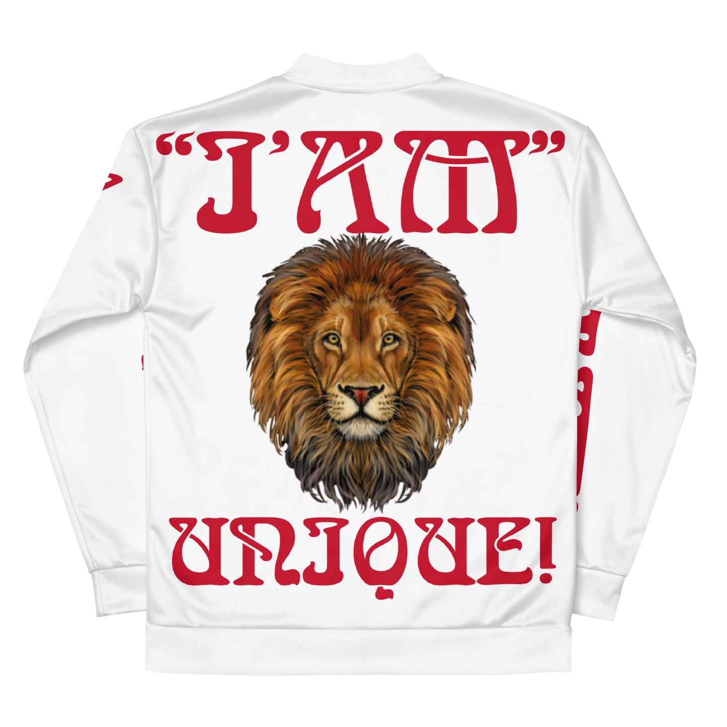 “I’AM UNIQUE!”White Unisex Bomber Jacket W/Red Font
