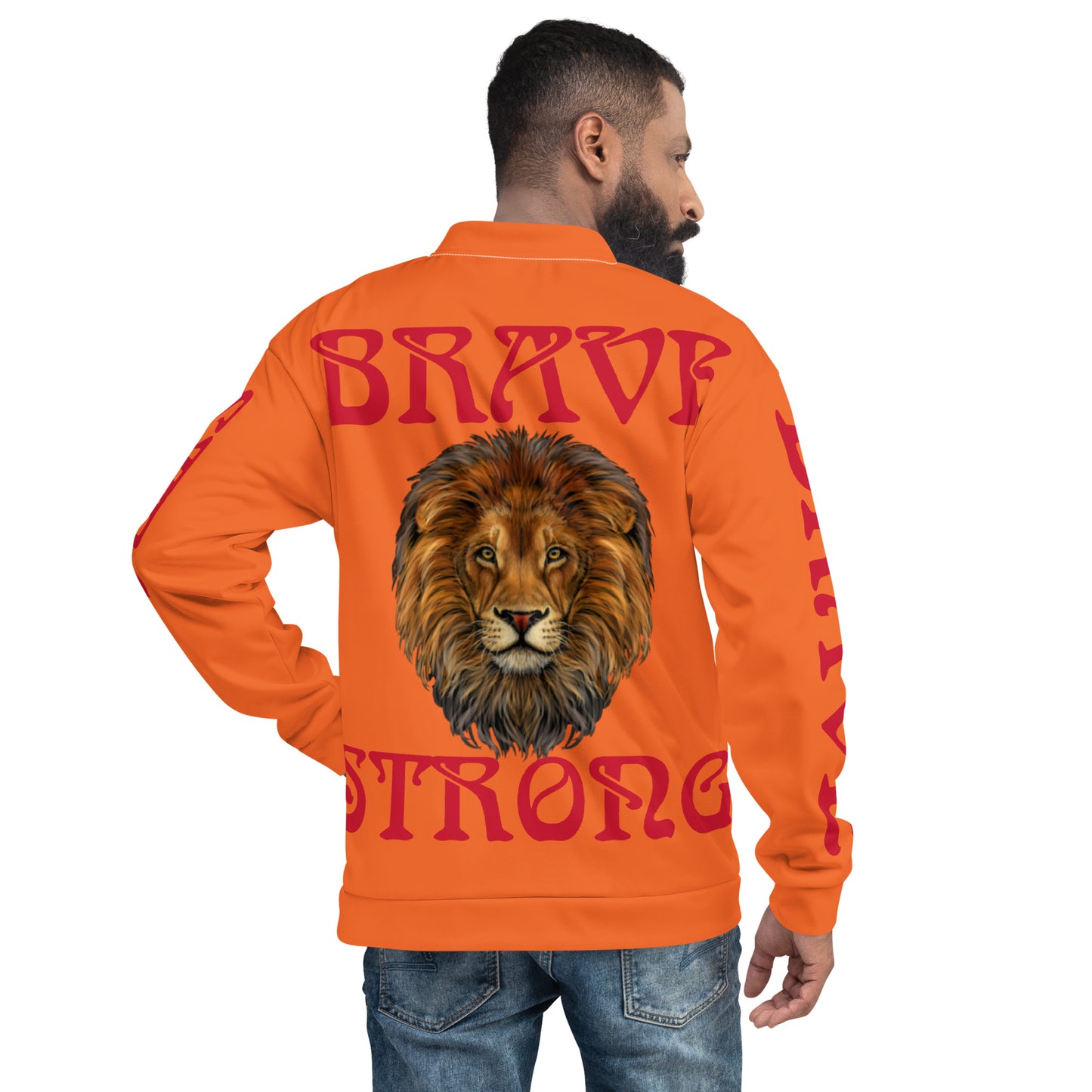“BRAVE,STRONG”Orange Unisex Bomber Jacket W/Red Font