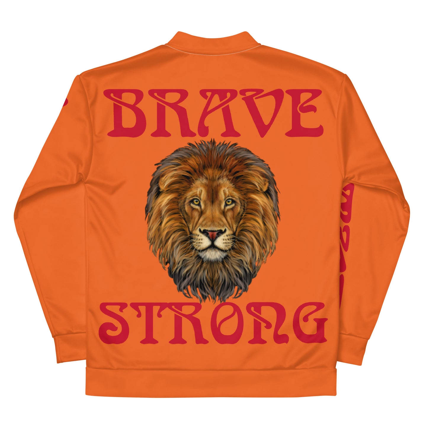 “BRAVE,STRONG”Orange Unisex Bomber Jacket W/Red Font