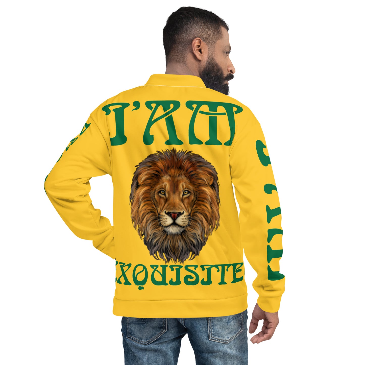 “I’AM EXQUISITE!”Yellow Unisex Bomber Jacket W/Green Font