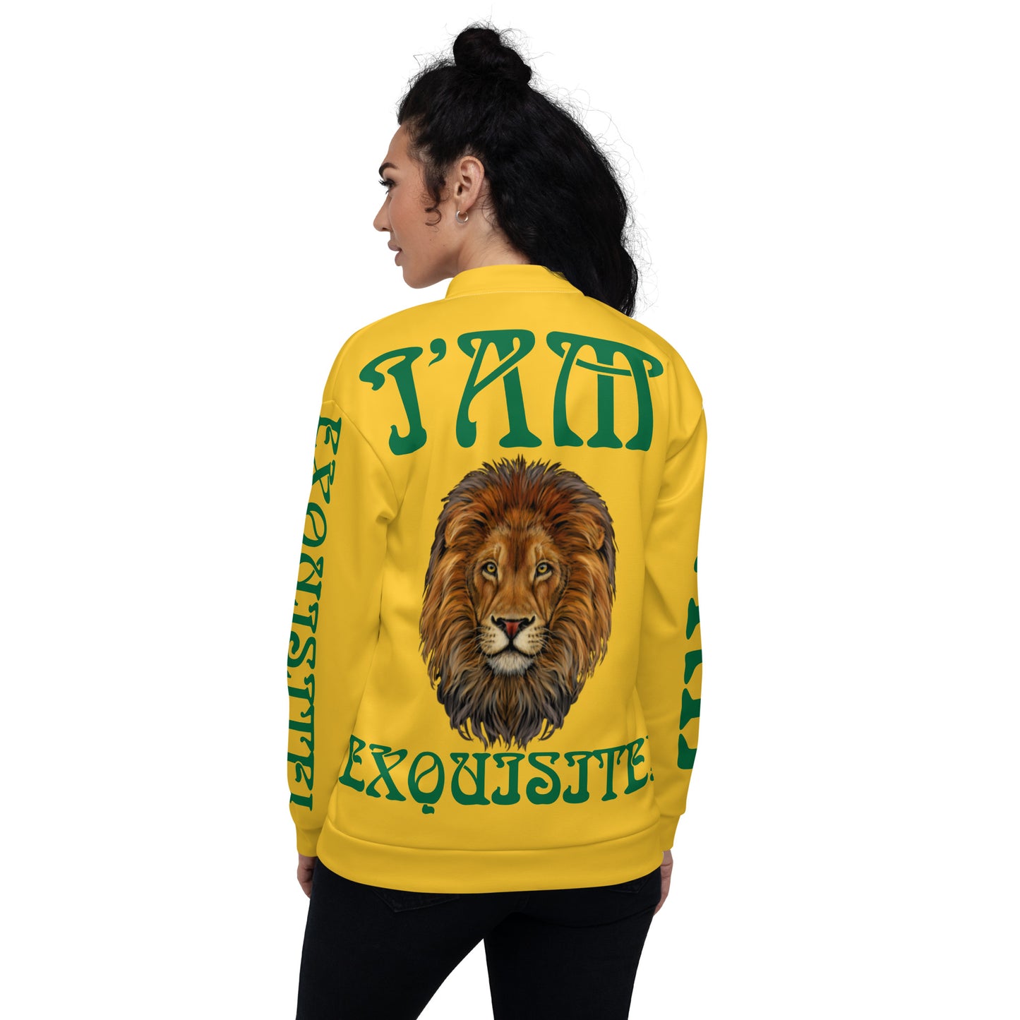 “I’AM EXQUISITE!”Yellow Unisex Bomber Jacket W/Green Font