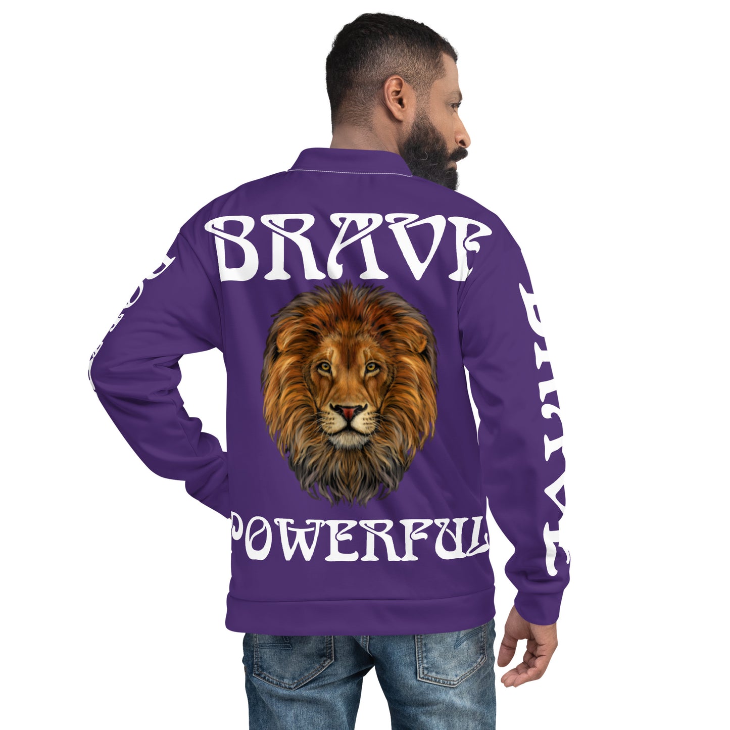 “BRAVE,POWERFUL”Purple Unisex Bomber Jacket W/White Font