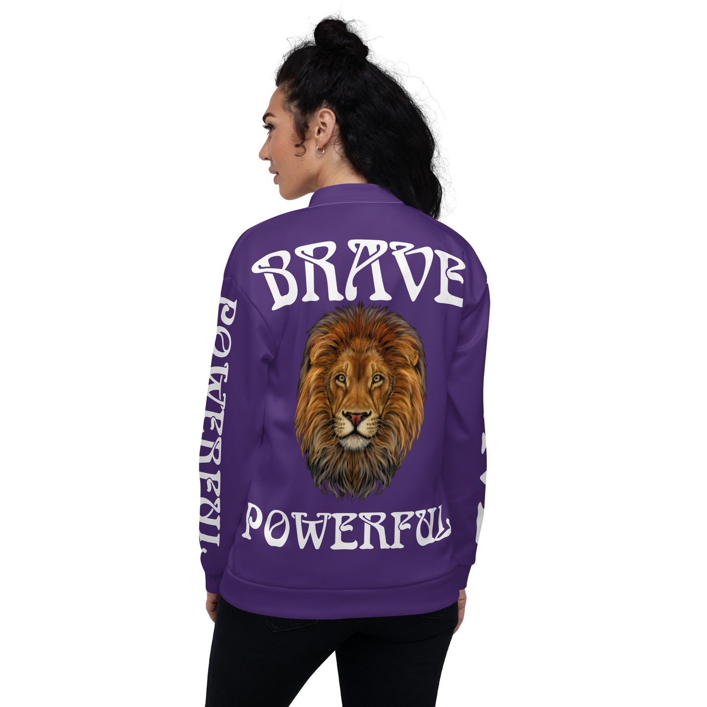“BRAVE,POWERFUL”Purple Unisex Bomber Jacket W/White Font
