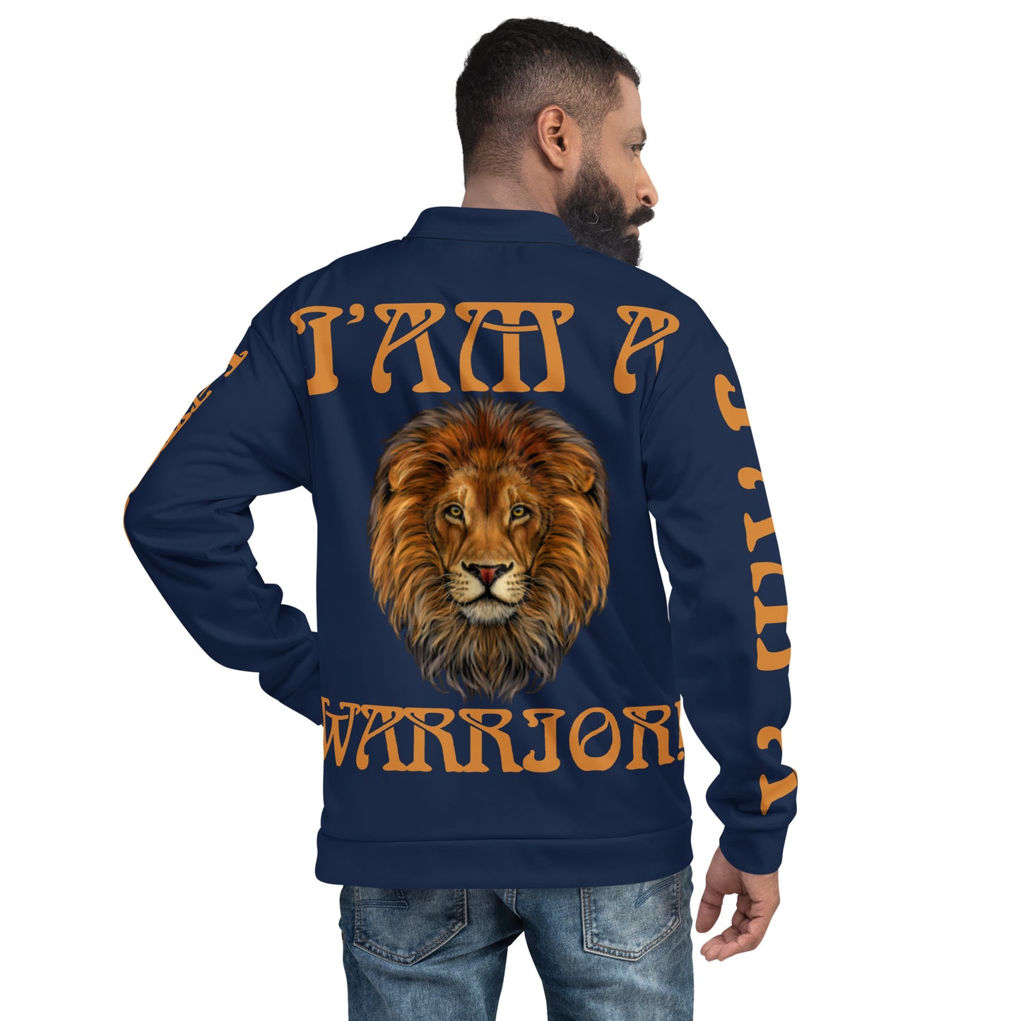 “I’AM A WARRIOR!”Navy Unisex Bomber Jacket W/Bronze Font