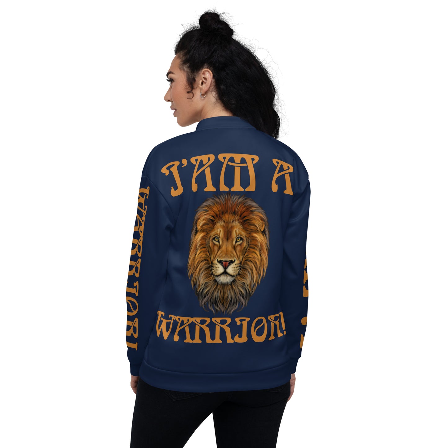 “I’AM A WARRIOR!”Navy Unisex Bomber Jacket W/Bronze Font