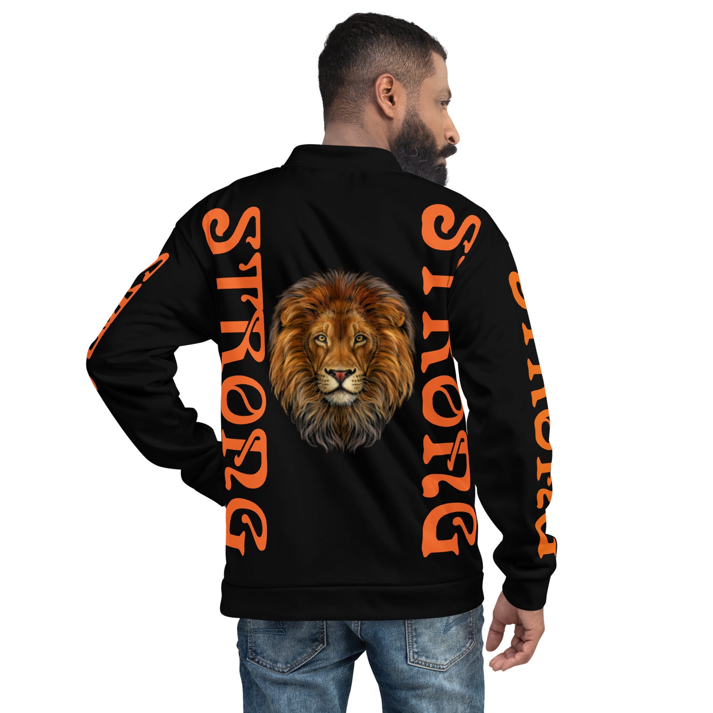 “STRONG”Black Unisex Bomber Jacket W/Double-Sided Orange Font