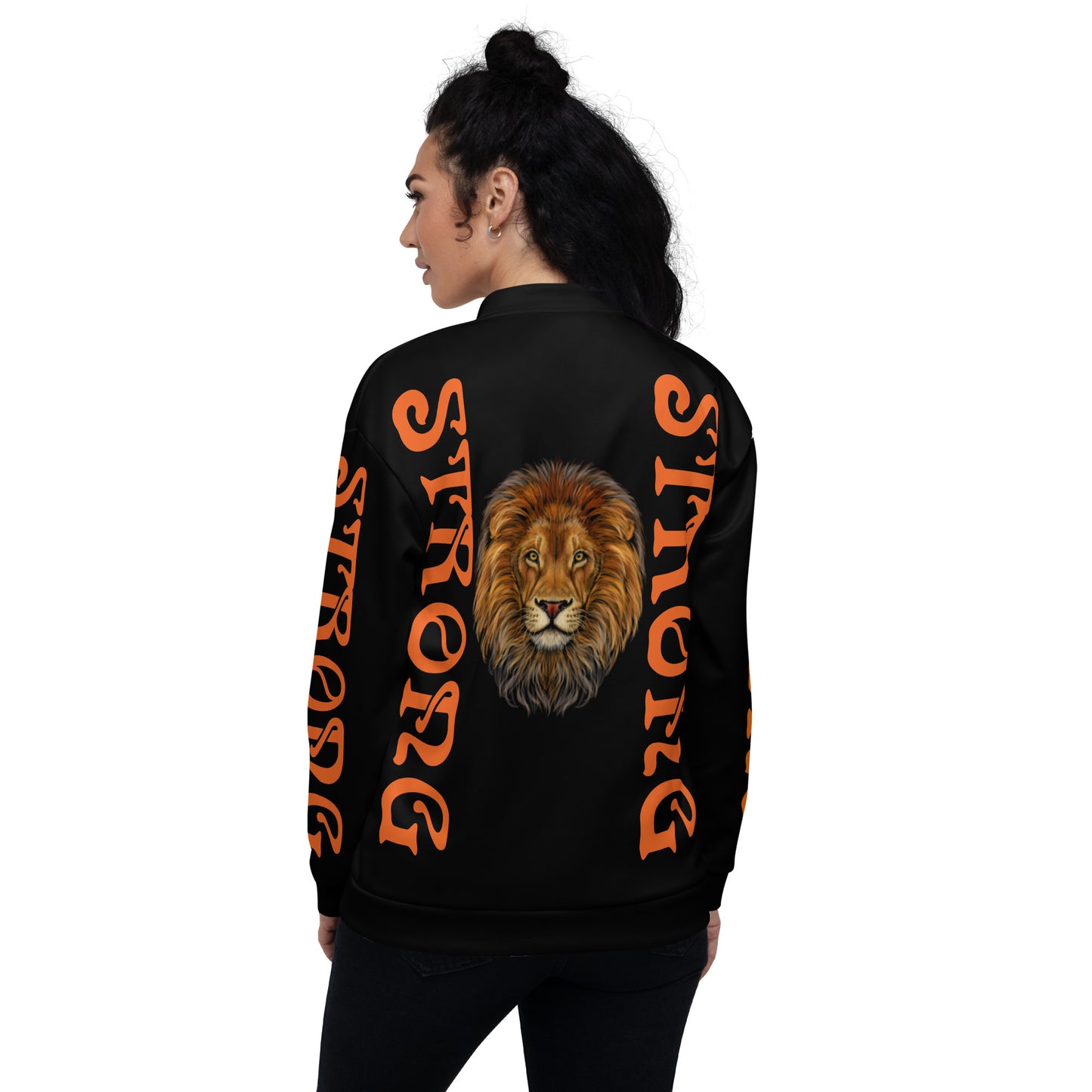 “STRONG”Black Unisex Bomber Jacket W/Double-Sided Orange Font