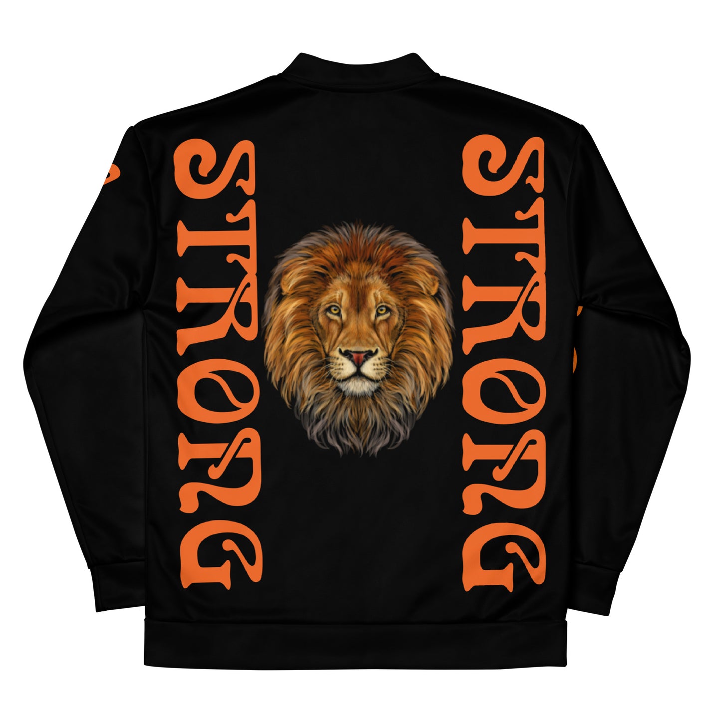 “STRONG”Black Unisex Bomber Jacket W/Double-Sided Orange Font