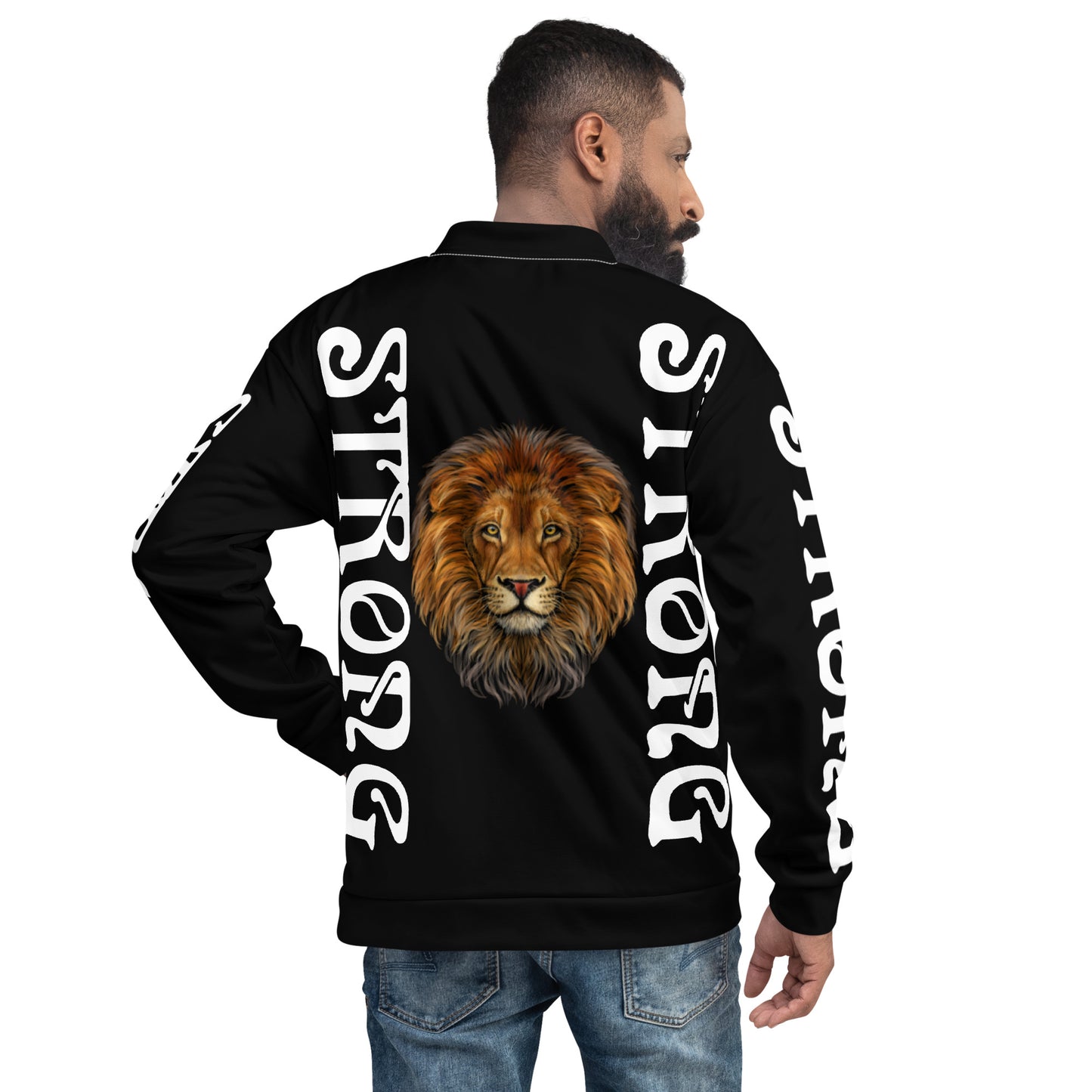 “STRONG”Black Unisex Bomber Jacket W/Double-Sided White Font
