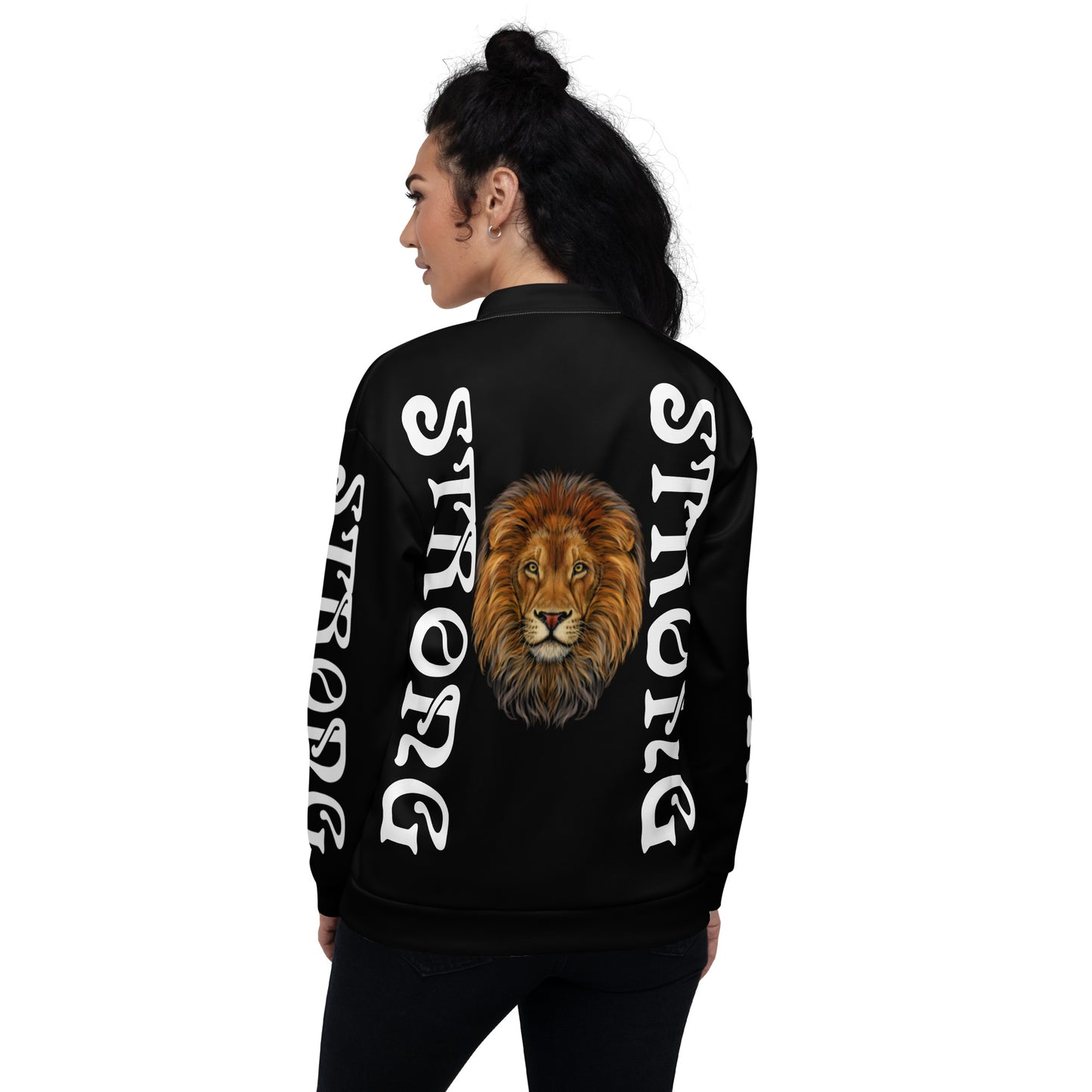 “STRONG”Black Unisex Bomber Jacket W/Double-Sided White Font