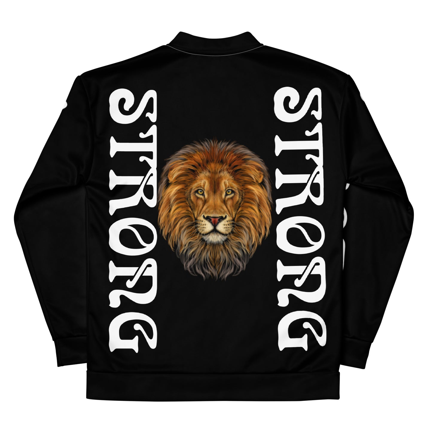 “STRONG”Black Unisex Bomber Jacket W/Double-Sided White Font