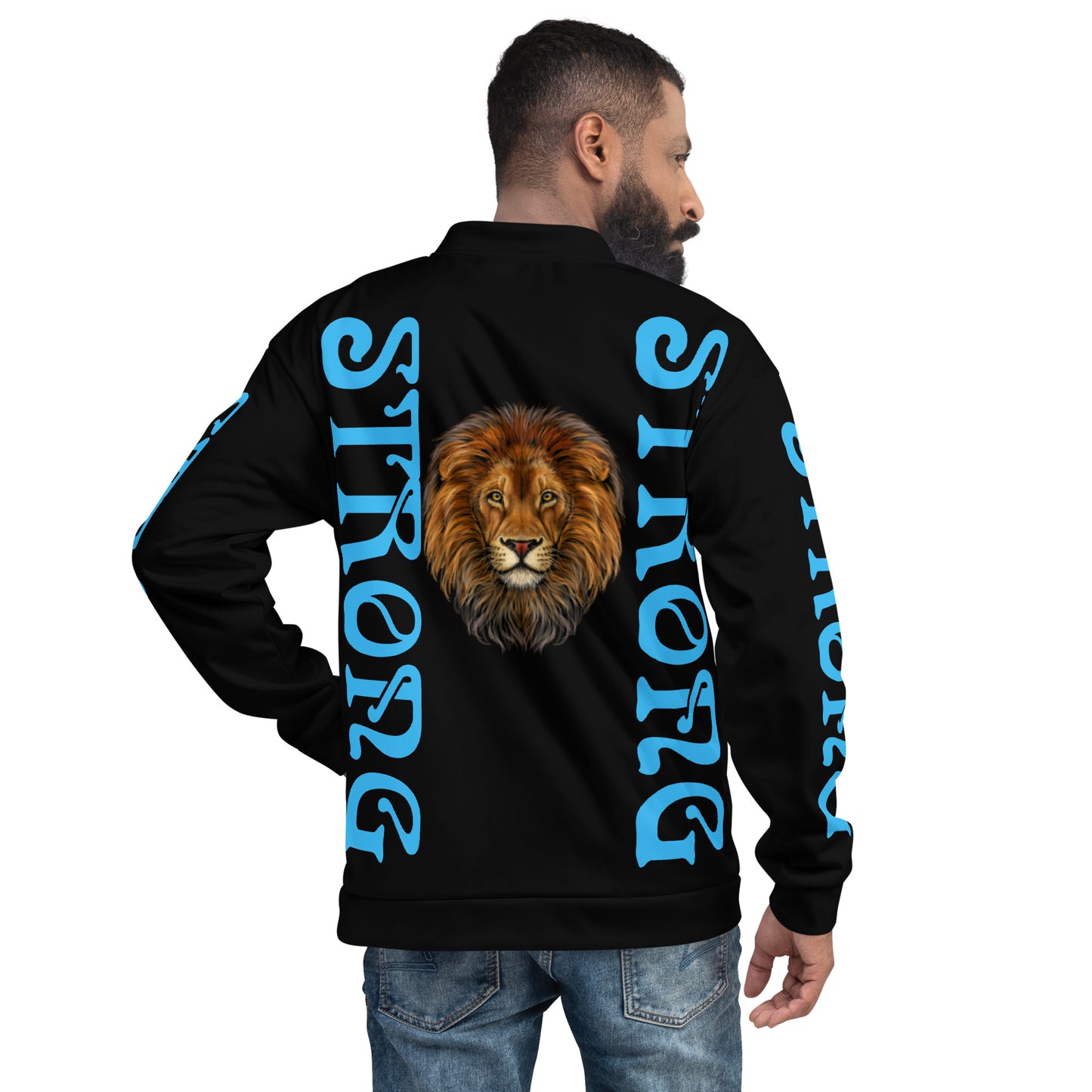 “STRONG”Black Unisex Bomber Jacket W/Double-Sided SkyBlue Font