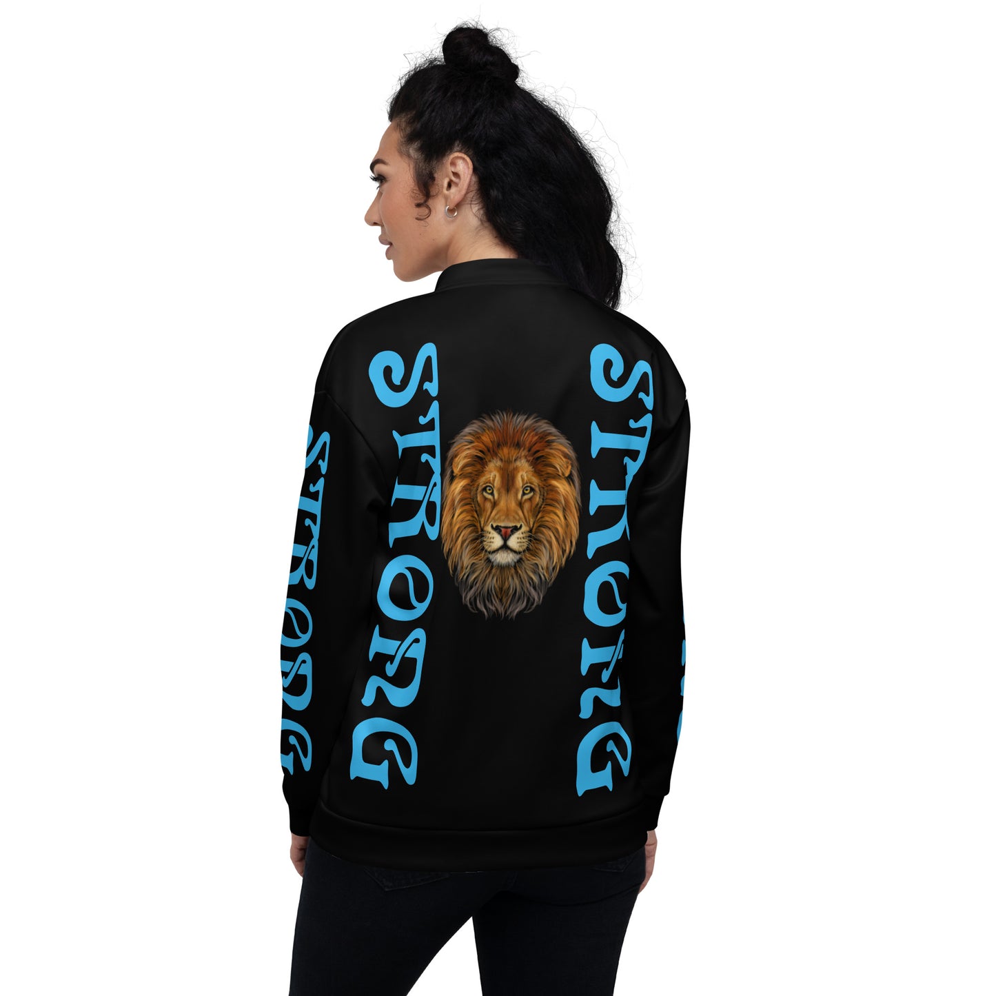 “STRONG”Black Unisex Bomber Jacket W/Double-Sided SkyBlue Font