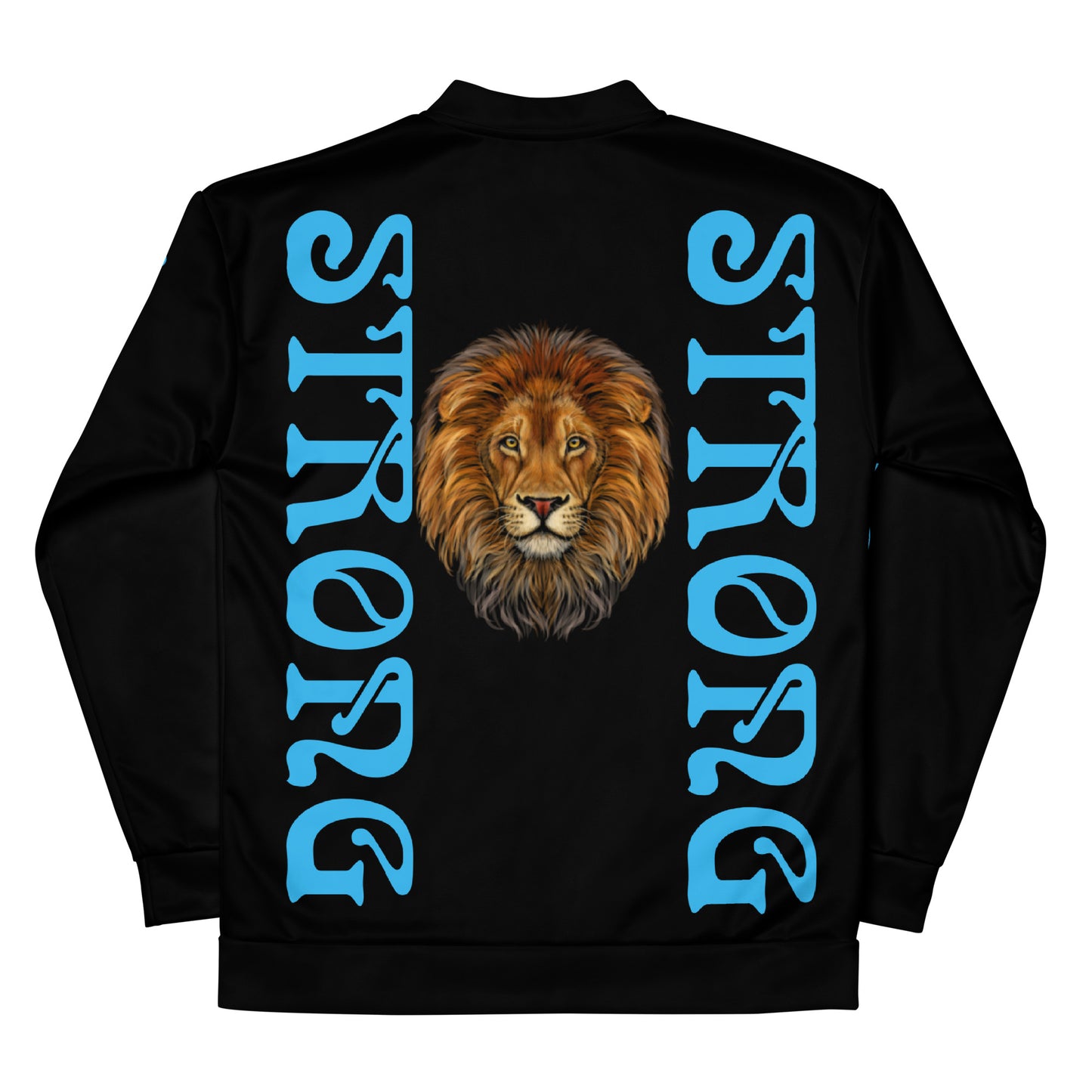 “STRONG”Black Unisex Bomber Jacket W/Double-Sided SkyBlue Font
