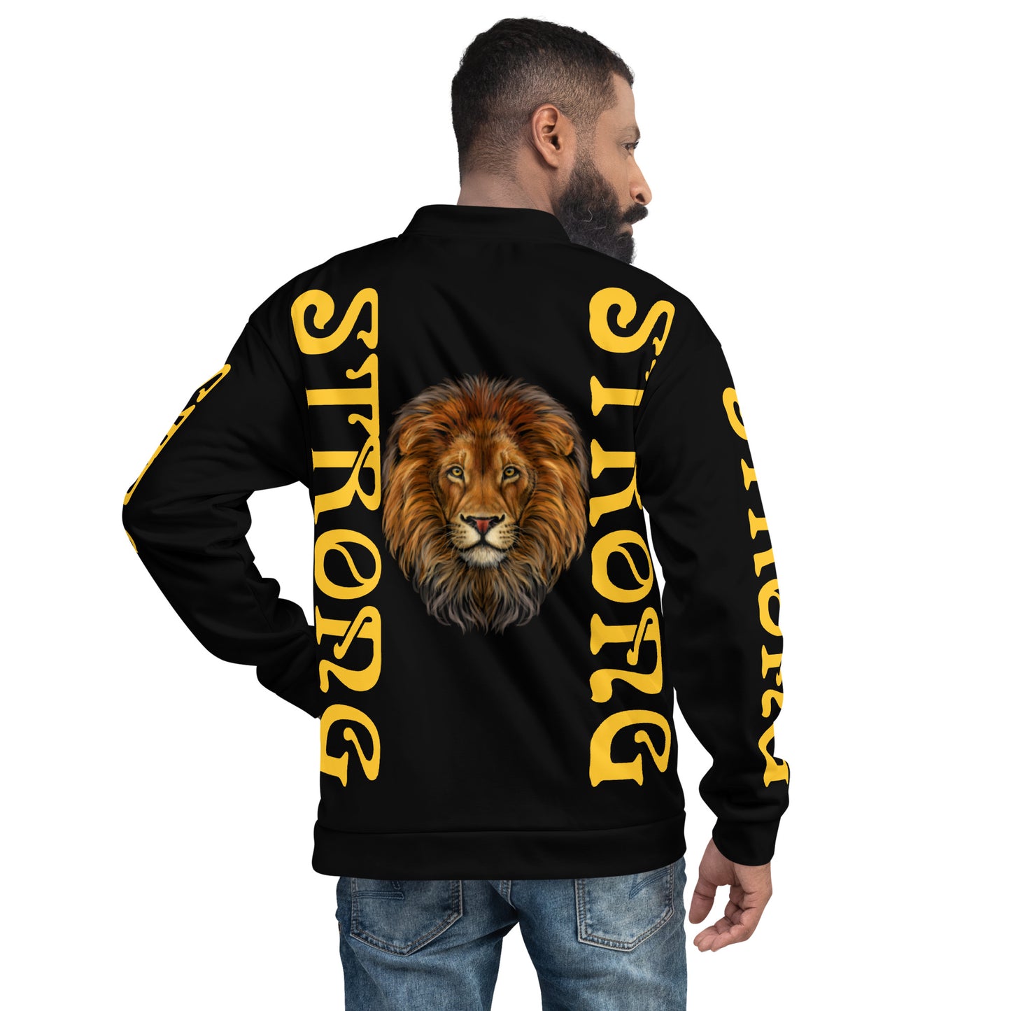 “STRONG”Black Unisex Bomber Jacket W/Double-Sided Yellow Font