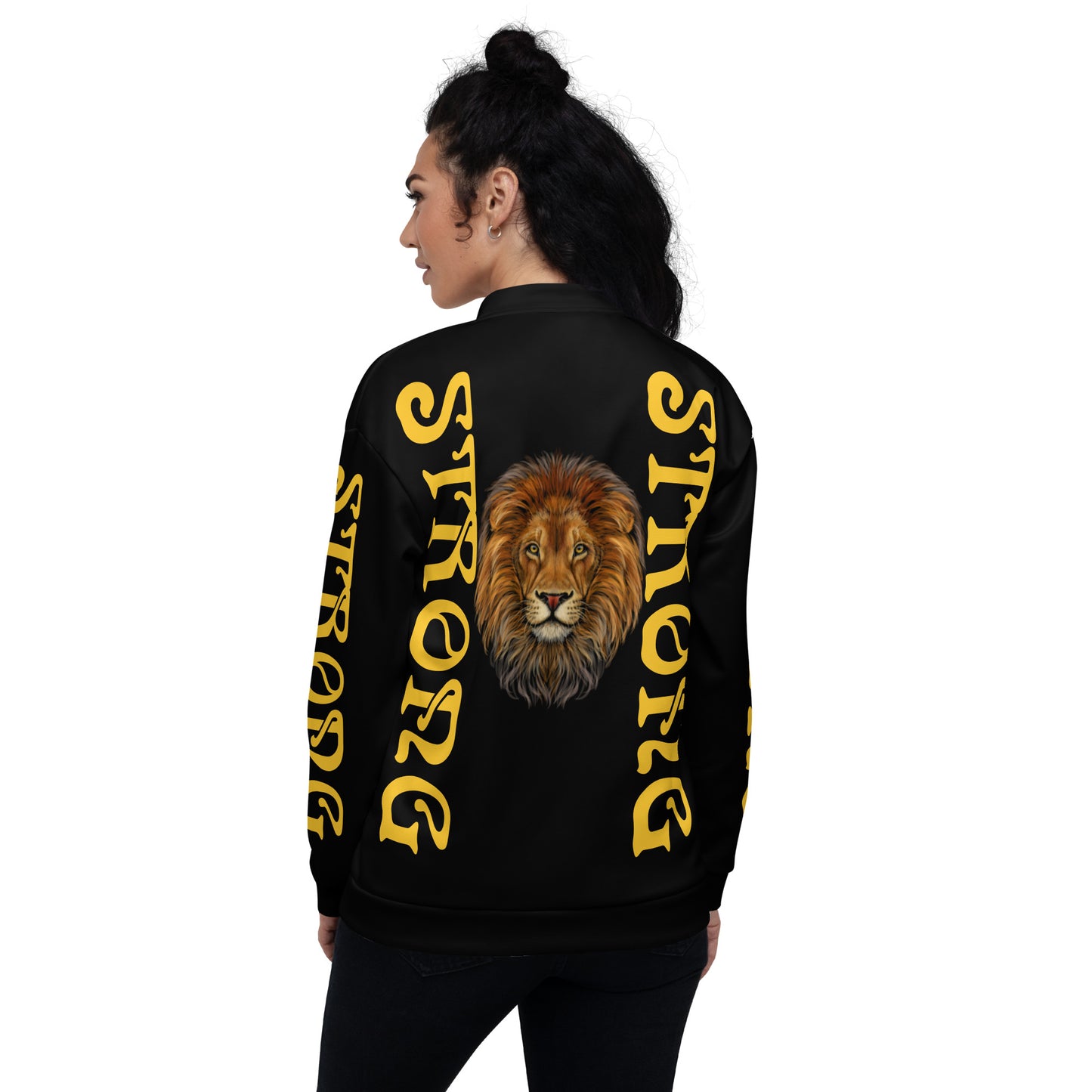 “STRONG”Black Unisex Bomber Jacket W/Double-Sided Yellow Font